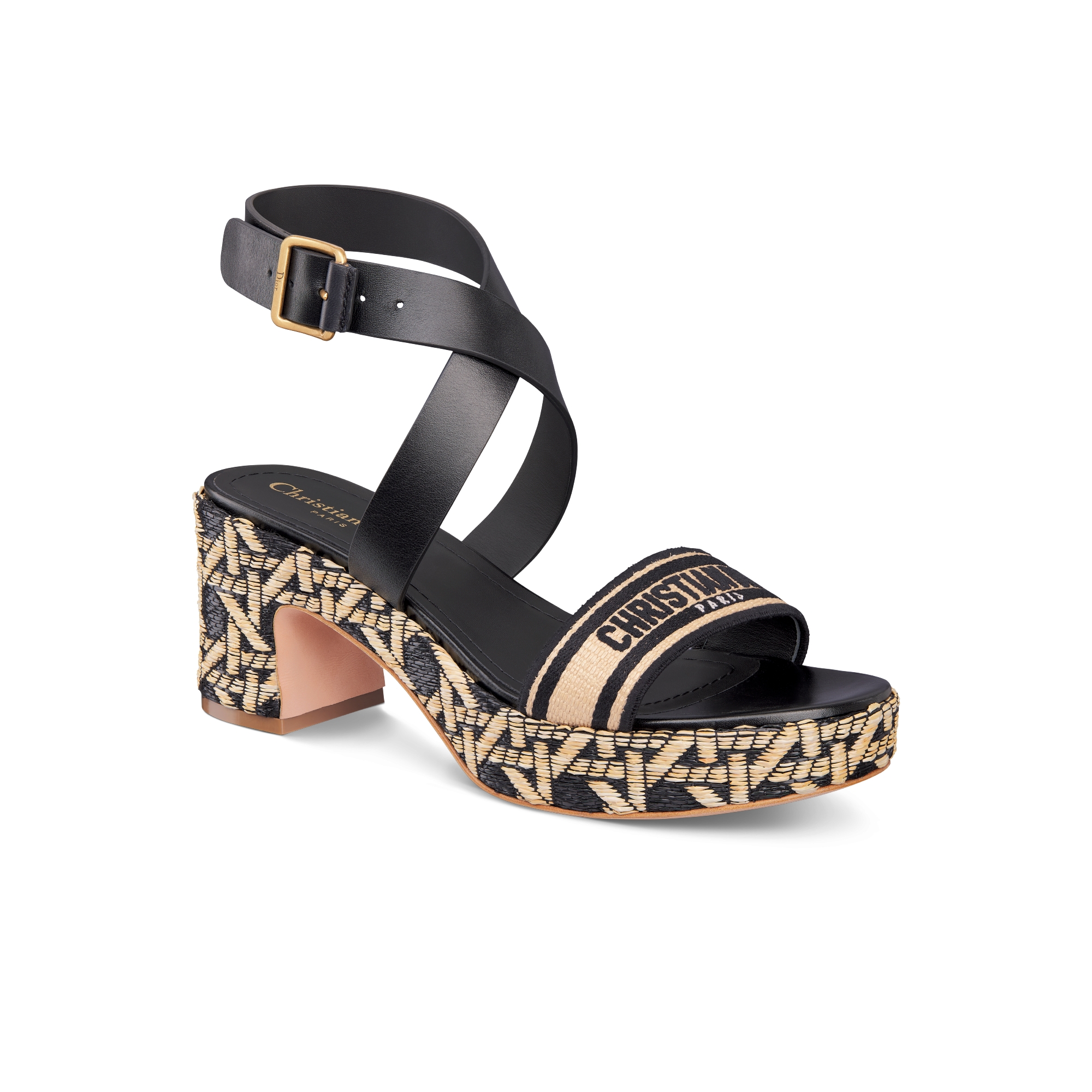 Dway Heeled Sandal Natural Raffia, Black Embroidered Cotton and