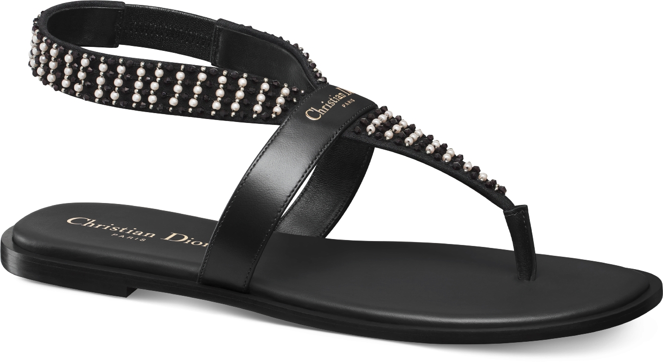 Dior Eclat Thong Sandal Black Lambskin with Black and White Resin Pearls DIOR