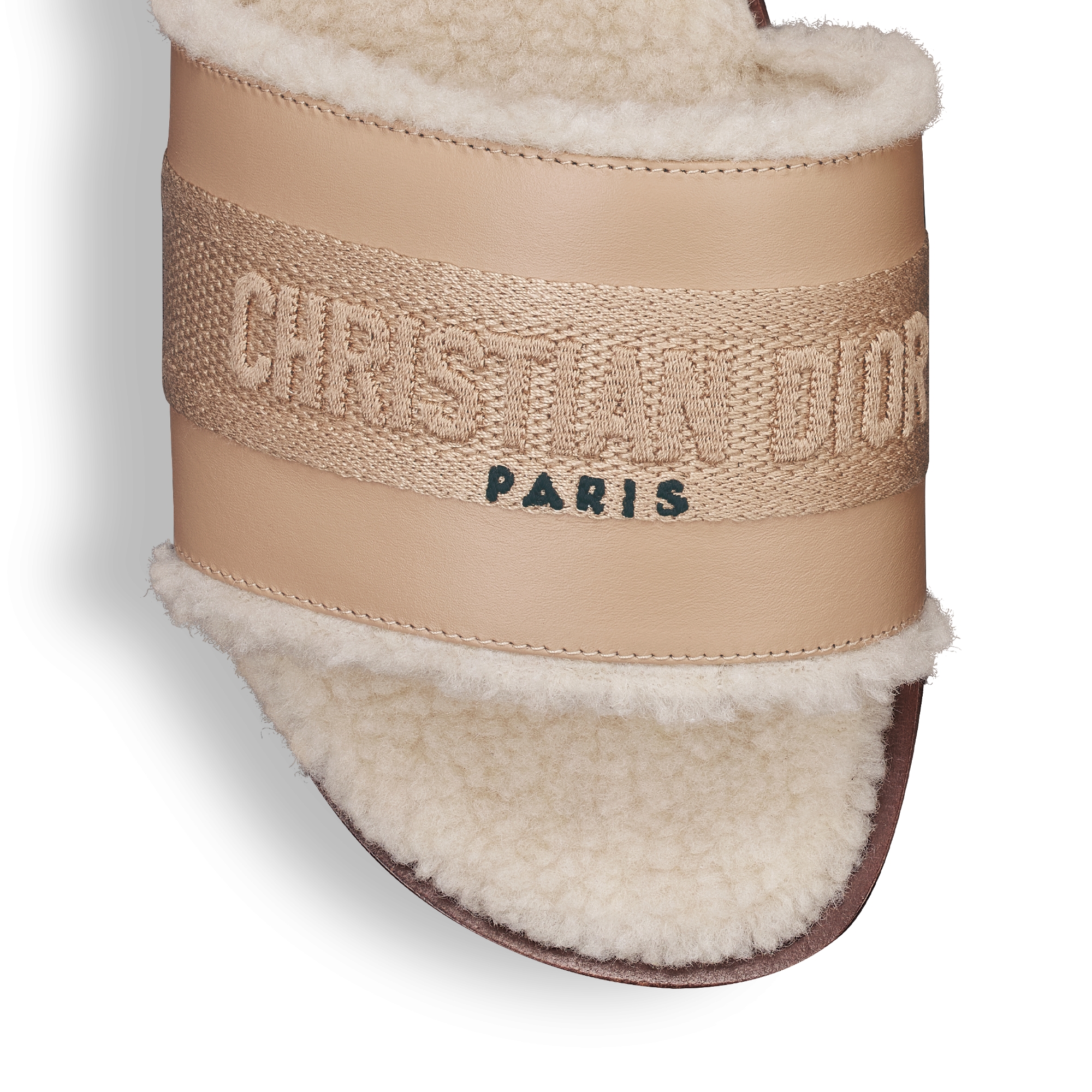 Dway Slide Beige Calfskin and Embroidered Cotton E09