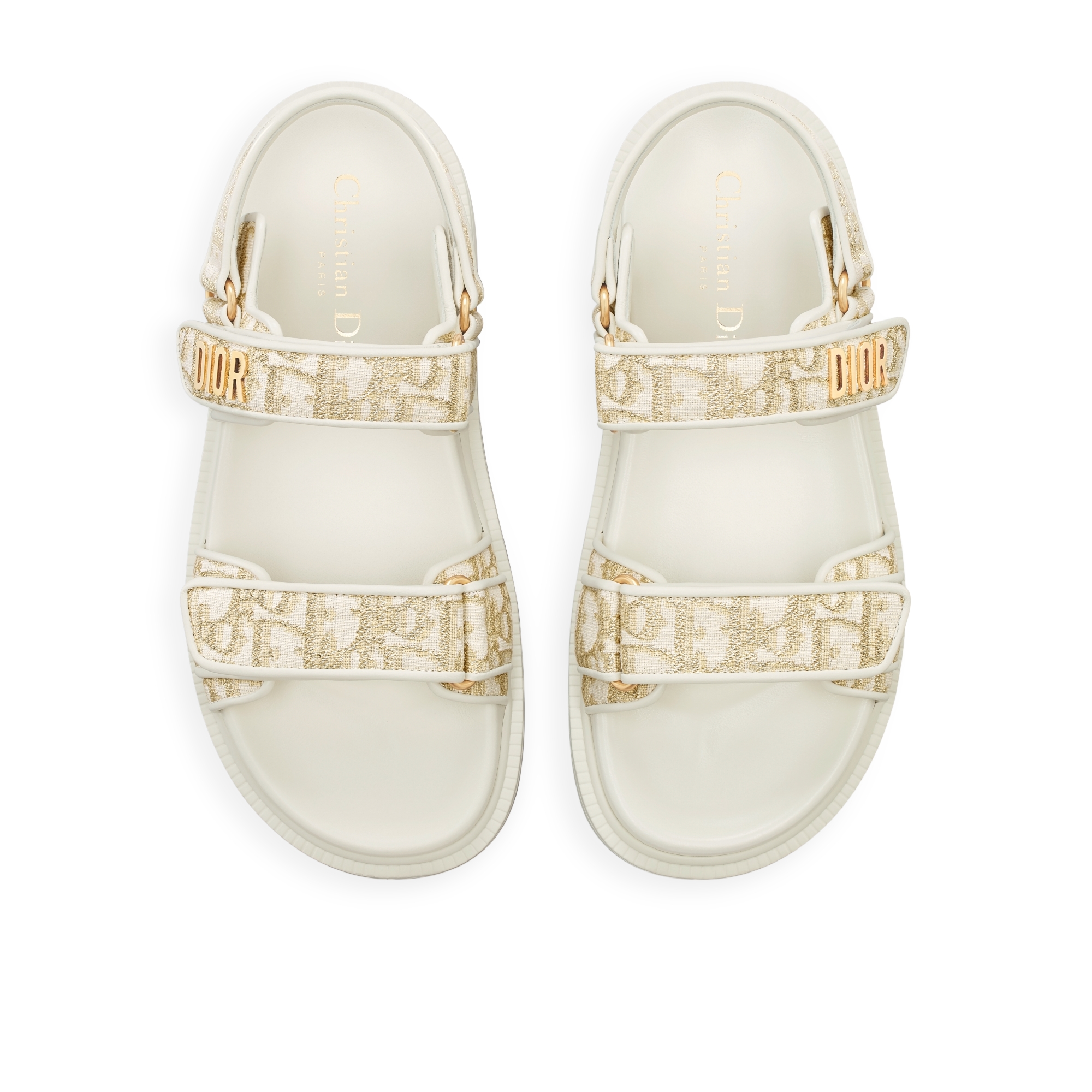 Sandália Dioract Jacquard Dior Oblique branco com fio metálico dourado E06