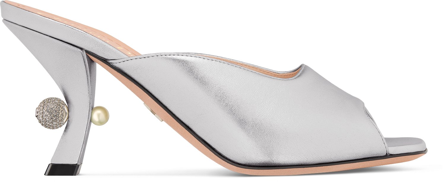 Dior Or Dior Tribales Heeled Slide Profile view Silver-Tone Laminated Lambskin
