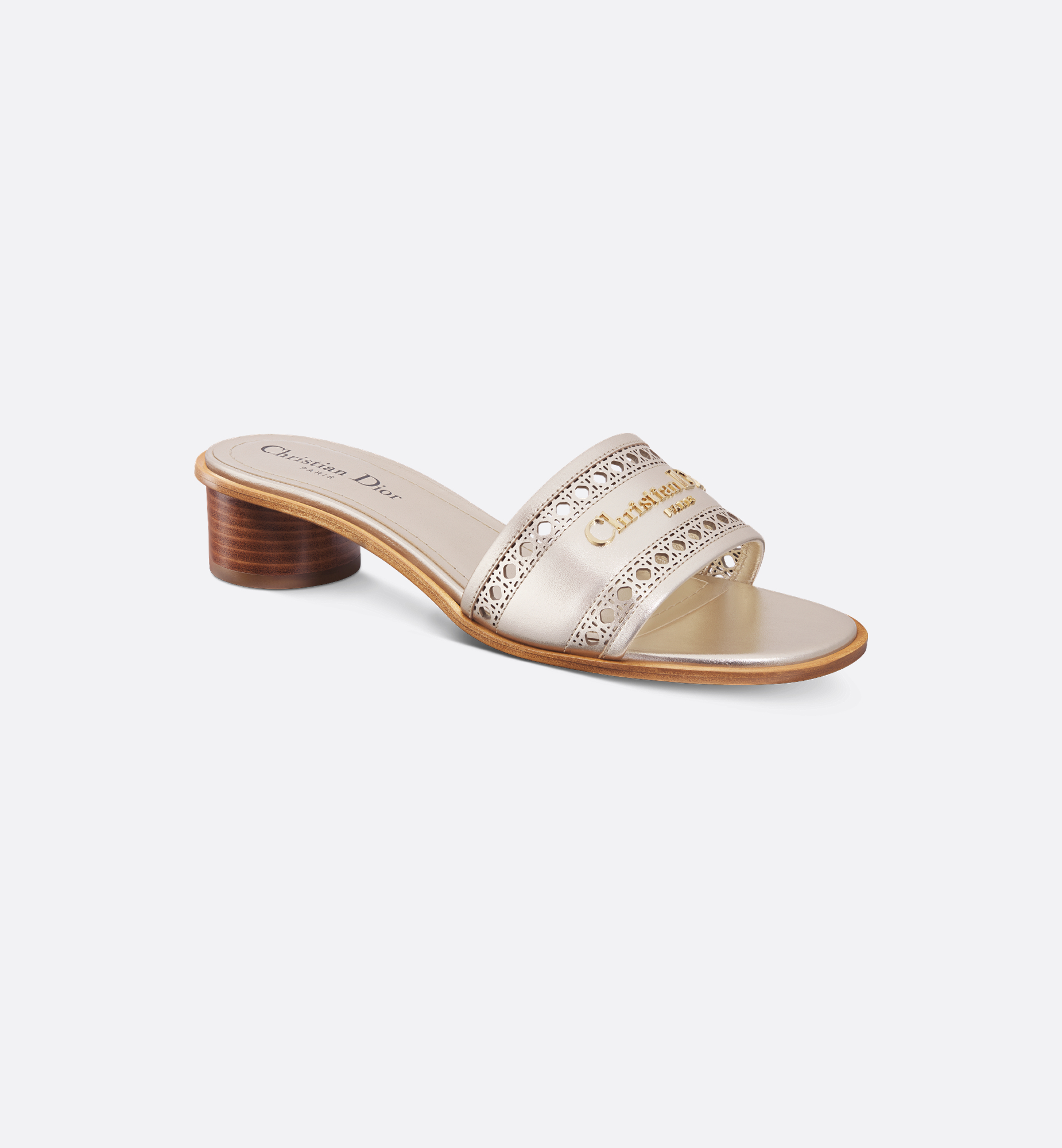 Dior Or D-Lane Heeled Slide Gold-Tone Openwork Microcannage Dior Or D-Lane Heeled Slide Gold-Tone Openwork Microcannage