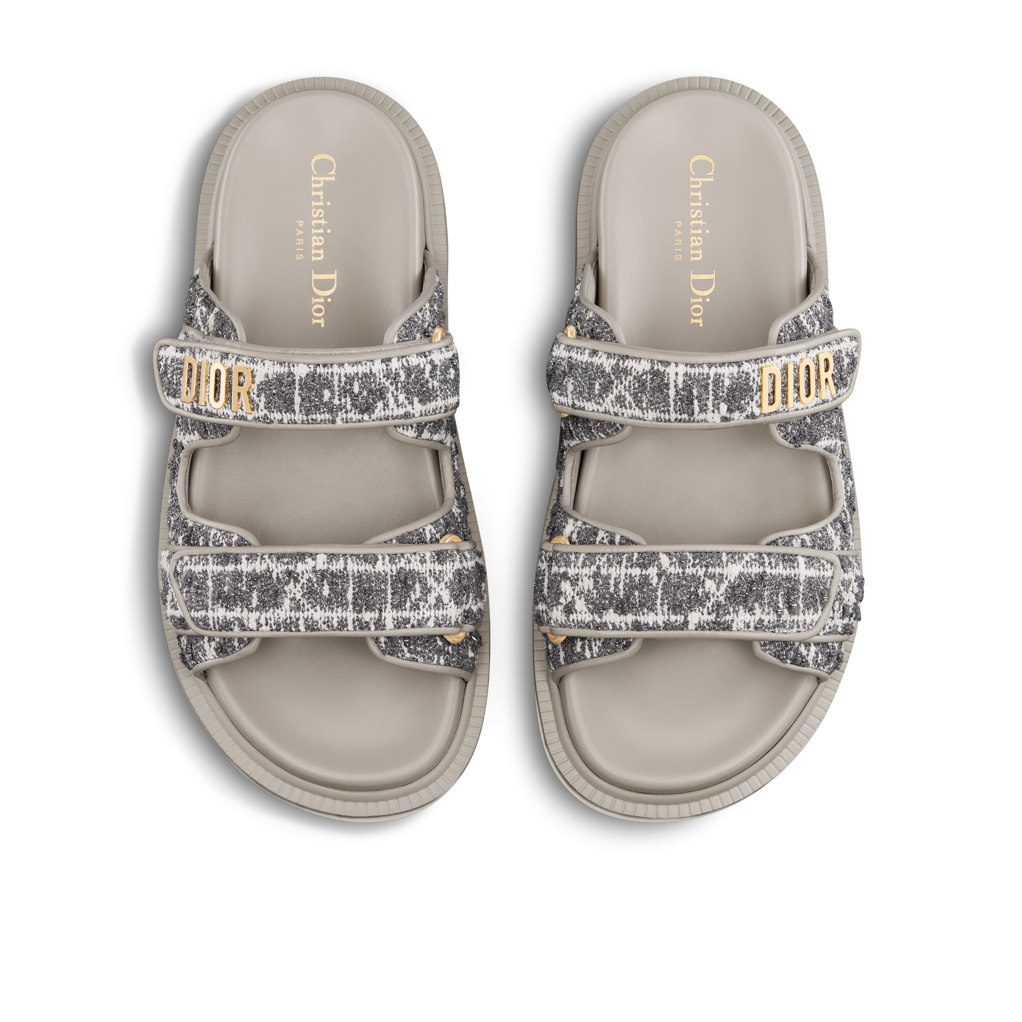 Mule Dioract Tweed à motif Cannage gris et fils métallisés argentés E06