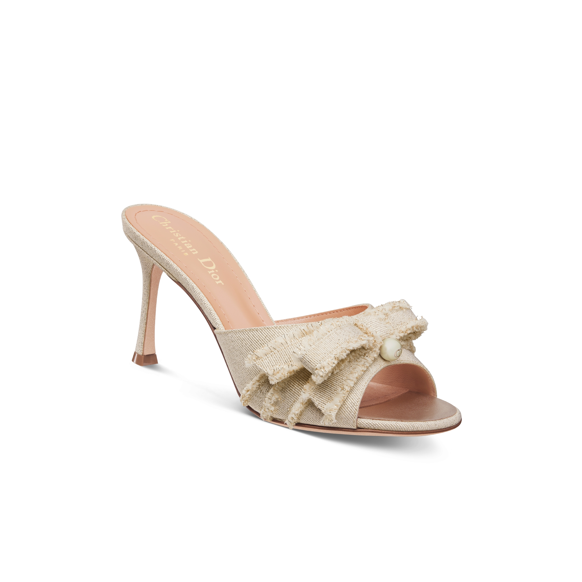 Adiorable-muiltje met hak Goudkleurig gelamineerd ripslint met franjes E03