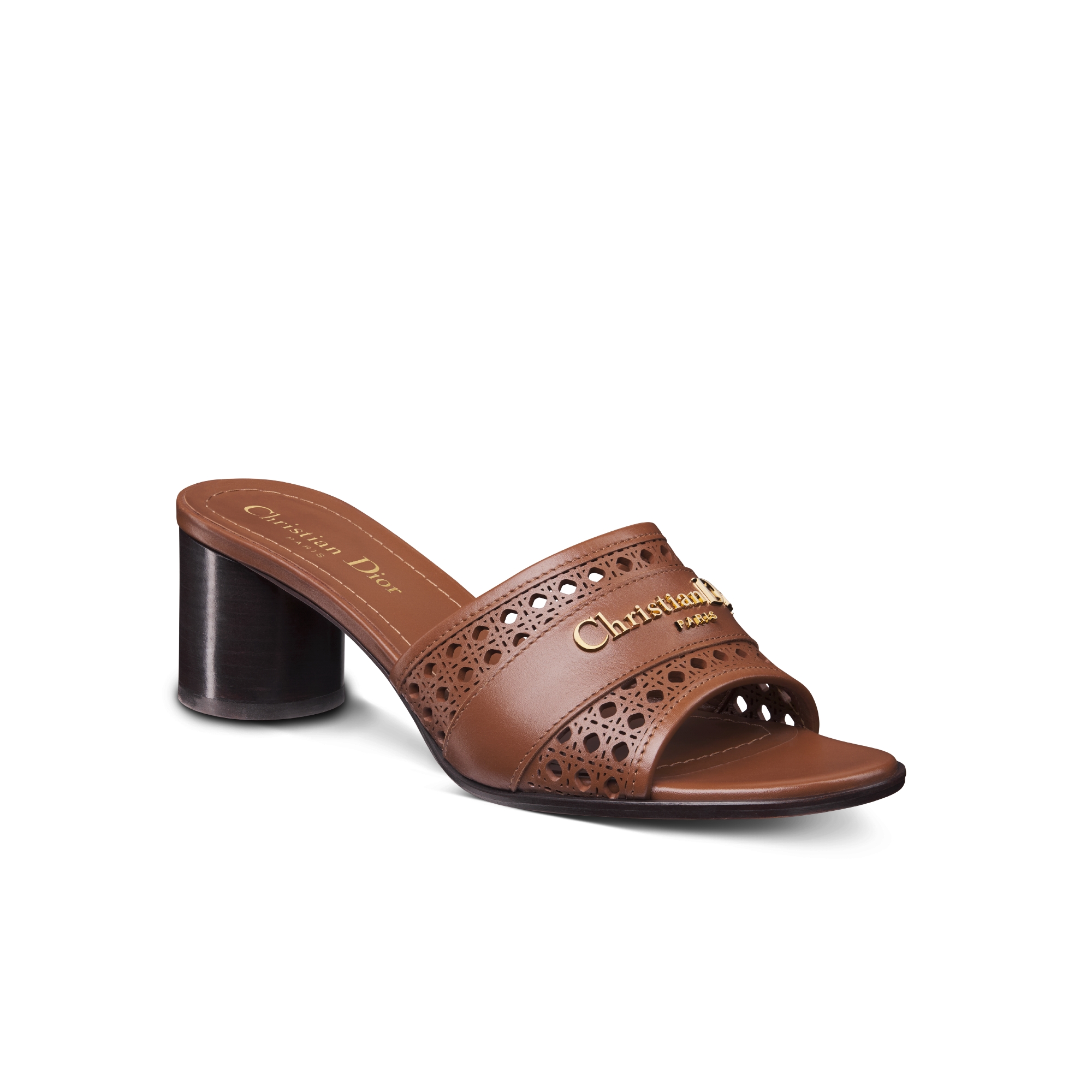 D-Lane Heeled Slide Camel Calfskin with Openwork Microcannage