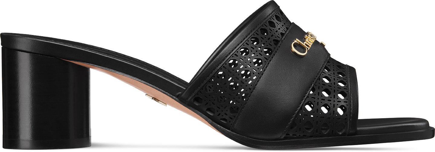 D-Lane Heeled Slide Profile view Black Calfskin with Openwork Microcannage Motif