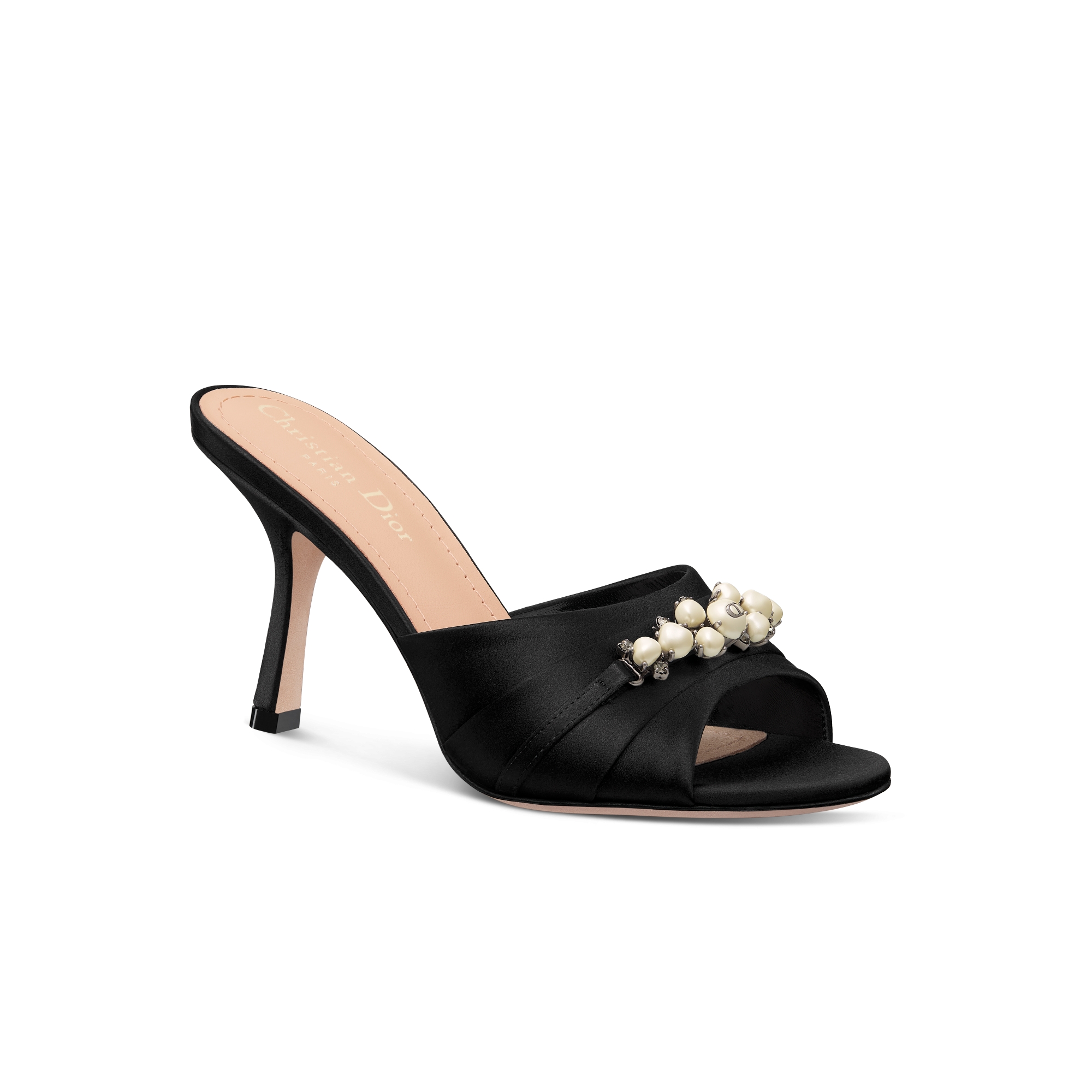 Dior Paris Heeled Slide Black Satin, White Resin Pearls and Silver