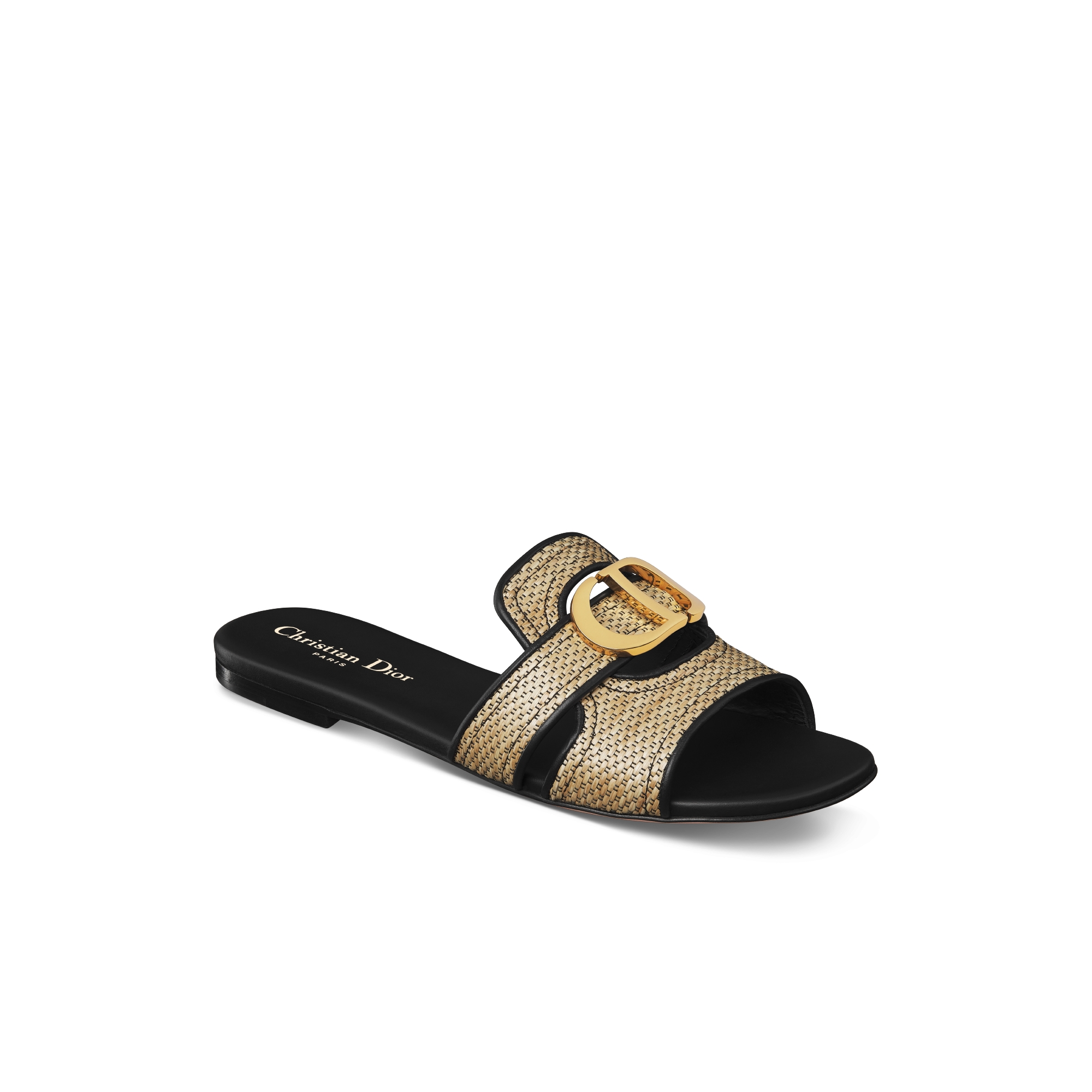 Dioriviera D-Lane Slide Camel Calfskin and Natural Braided Raffia