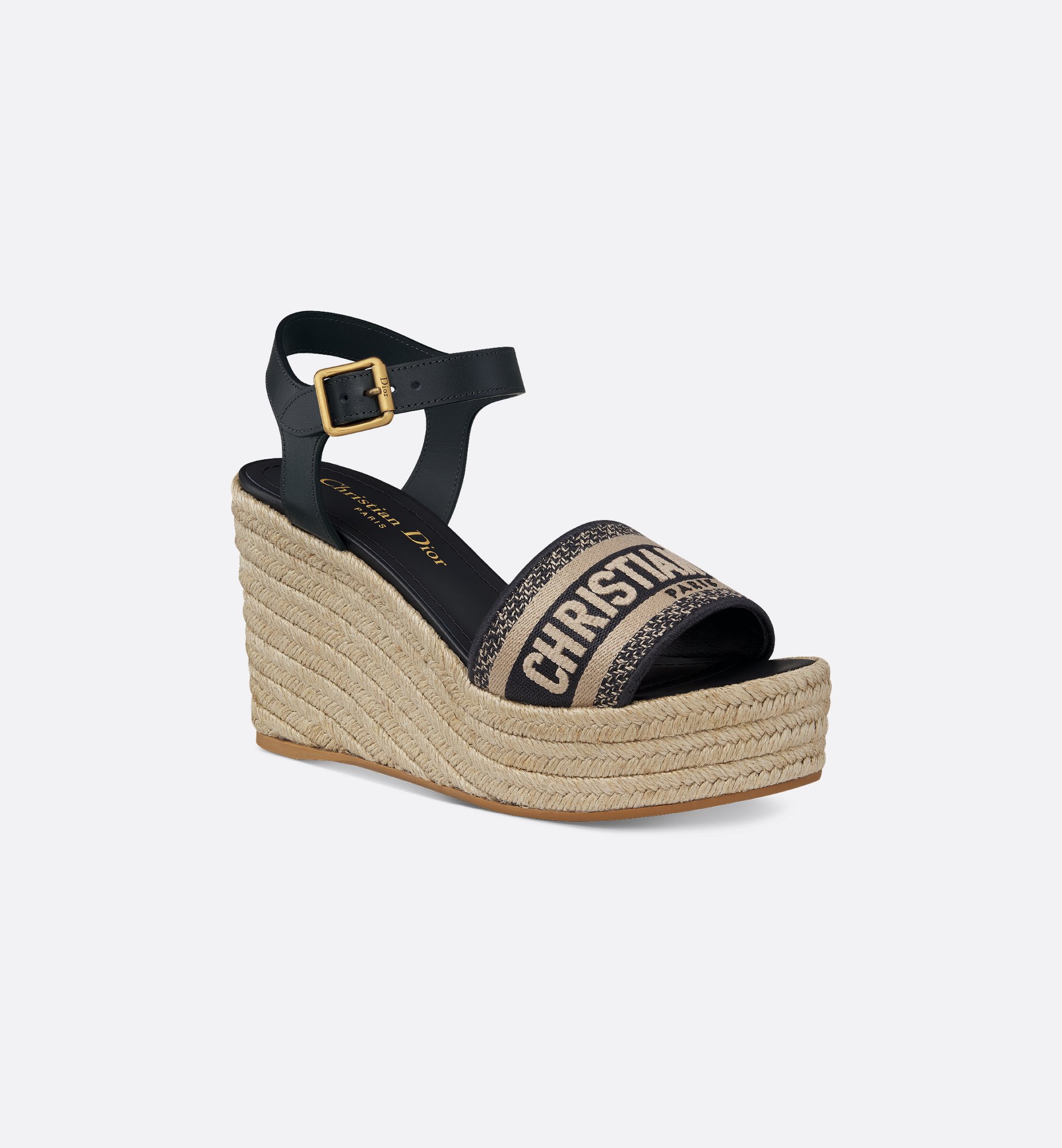Dway Wedge Sandal Deep Blue Calfskin and Embroidered Cotton Dway Wedge Sandal Deep Blue Calfskin and Embroidered Cotton