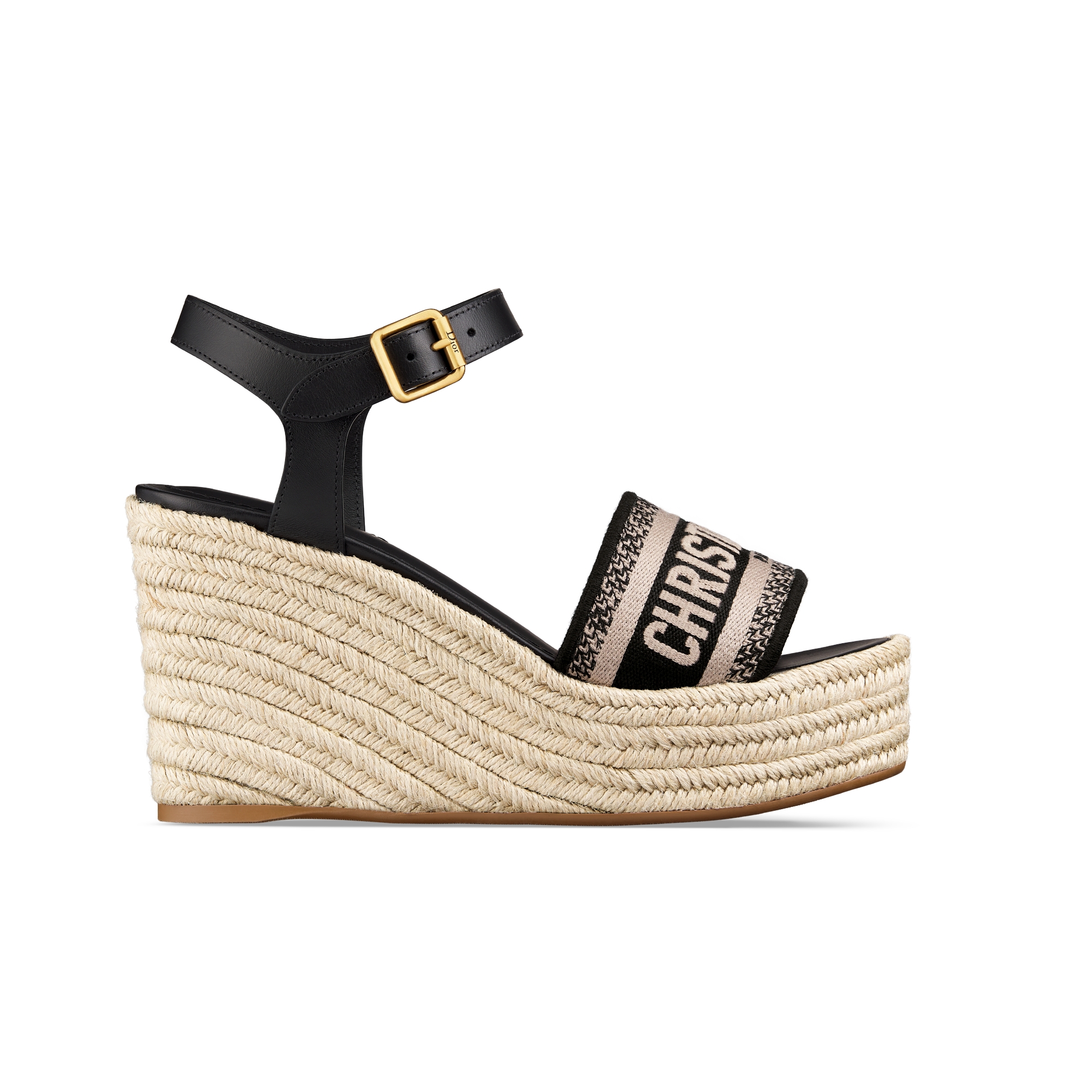 Dway Wedge Sandal Black Calfskin and Embroidered Cotton E02