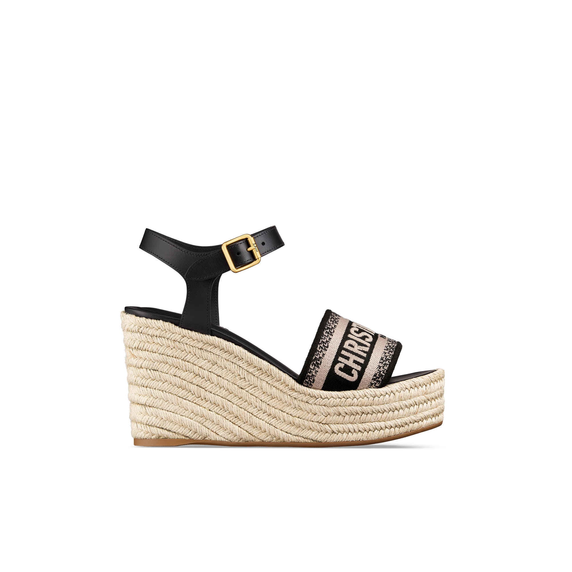 Dway Wedge Sandal Black Calfskin and Embroidered Cotton | DIOR