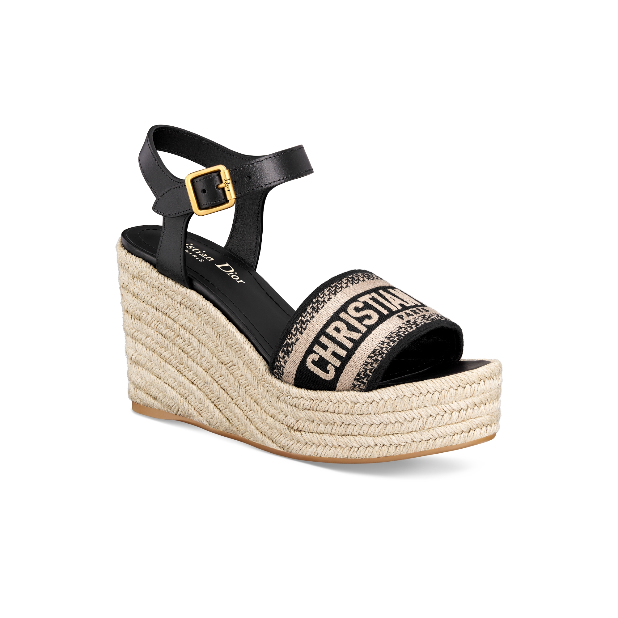 Dway Wedge Sandal Black Calfskin and Embroidered Cotton | DIOR