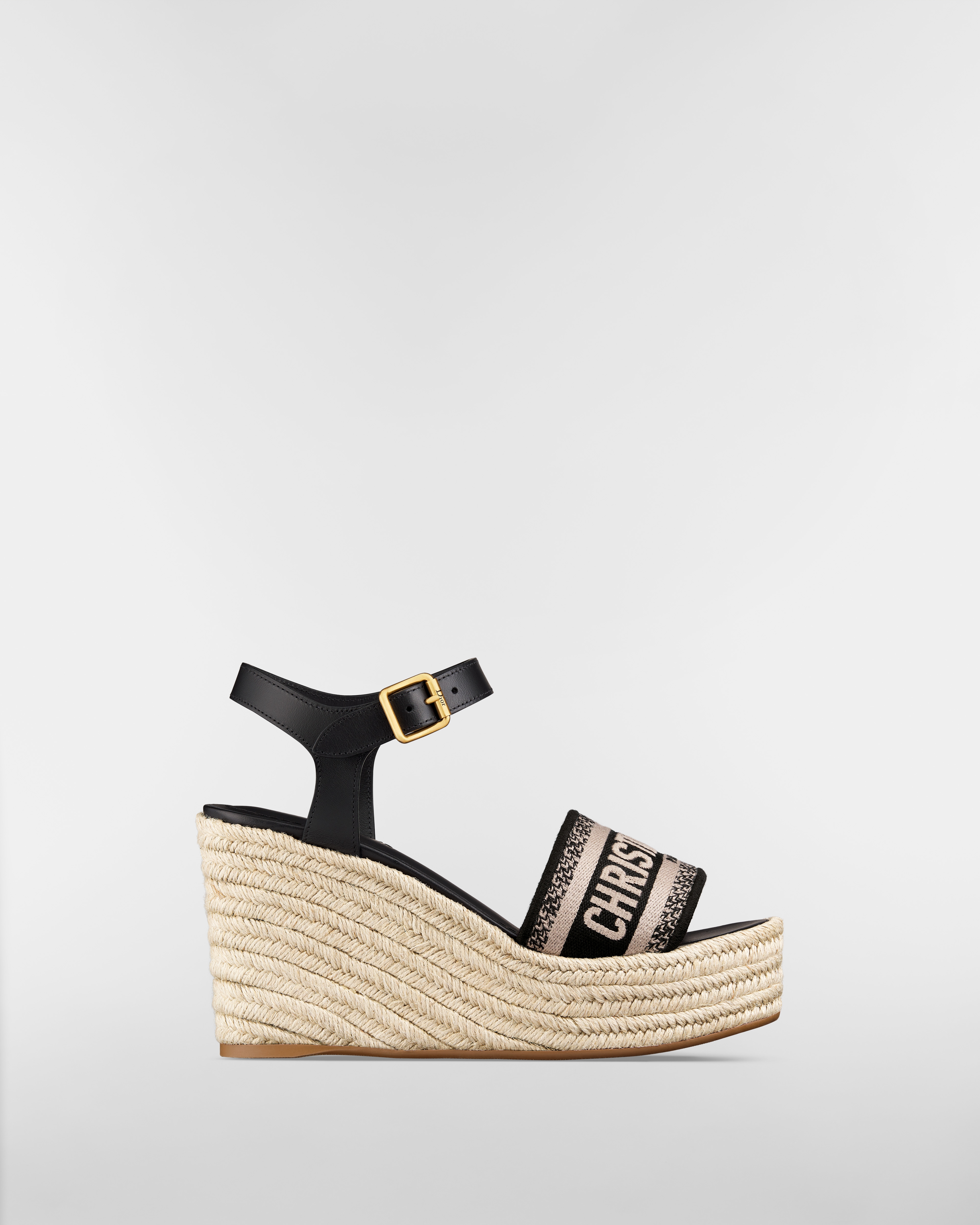 Dway Wedge Sandal Black Calfskin and Embroidered Cotton E02
