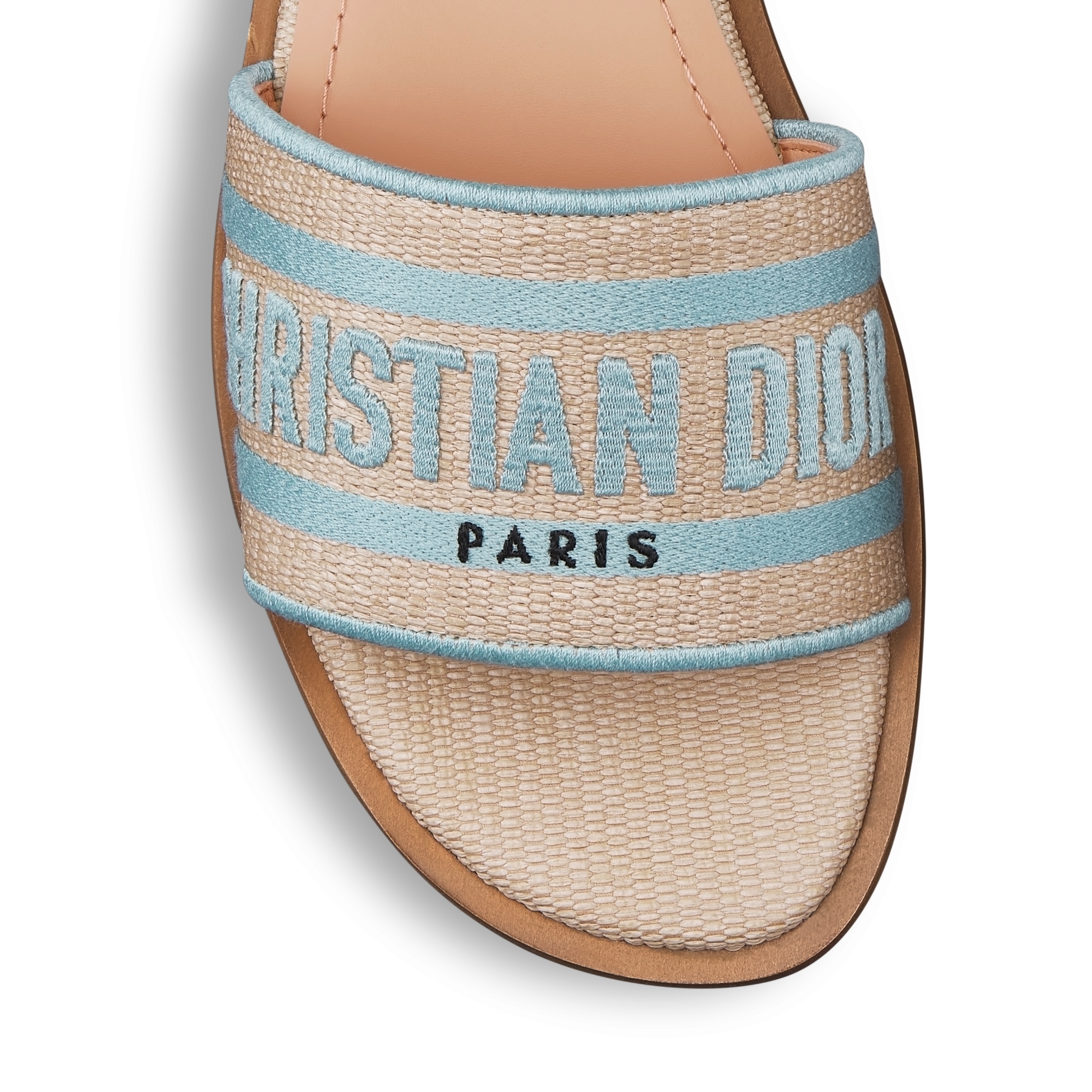 Slide Dioriviera Dway Ráfia bege-palha e algodão azul-céu bordado | DIOR