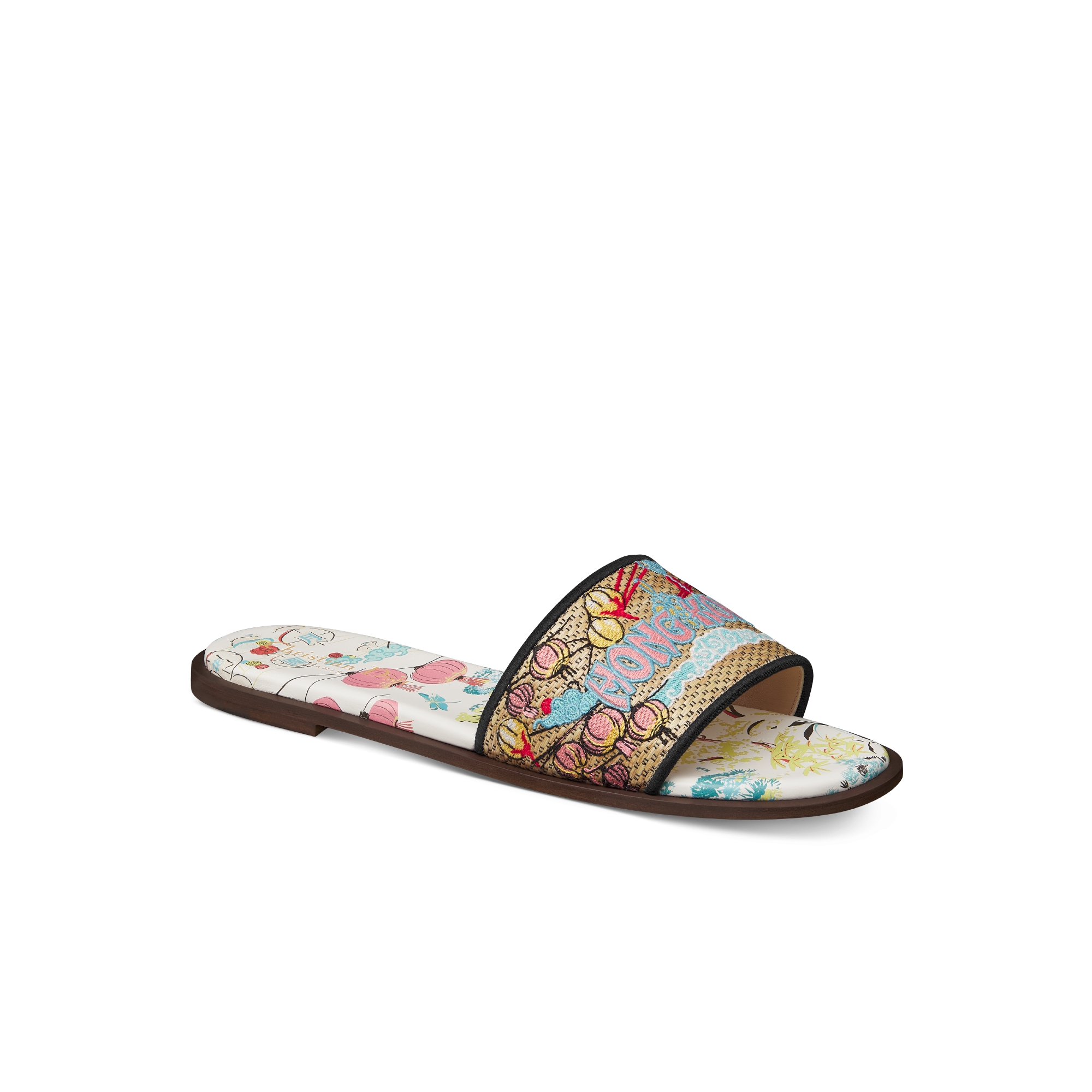 Dior Souvenir Dway Slide Natural Raffia and Multicolor Embroidered
