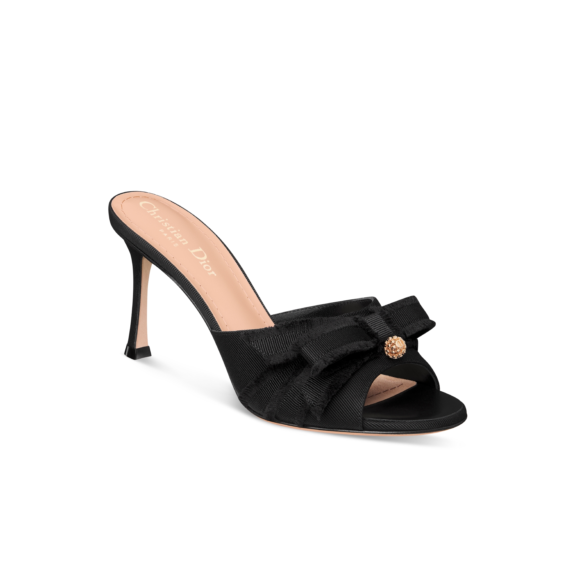 Adiorable Heeled Mule Black Fringed Grosgrain E03