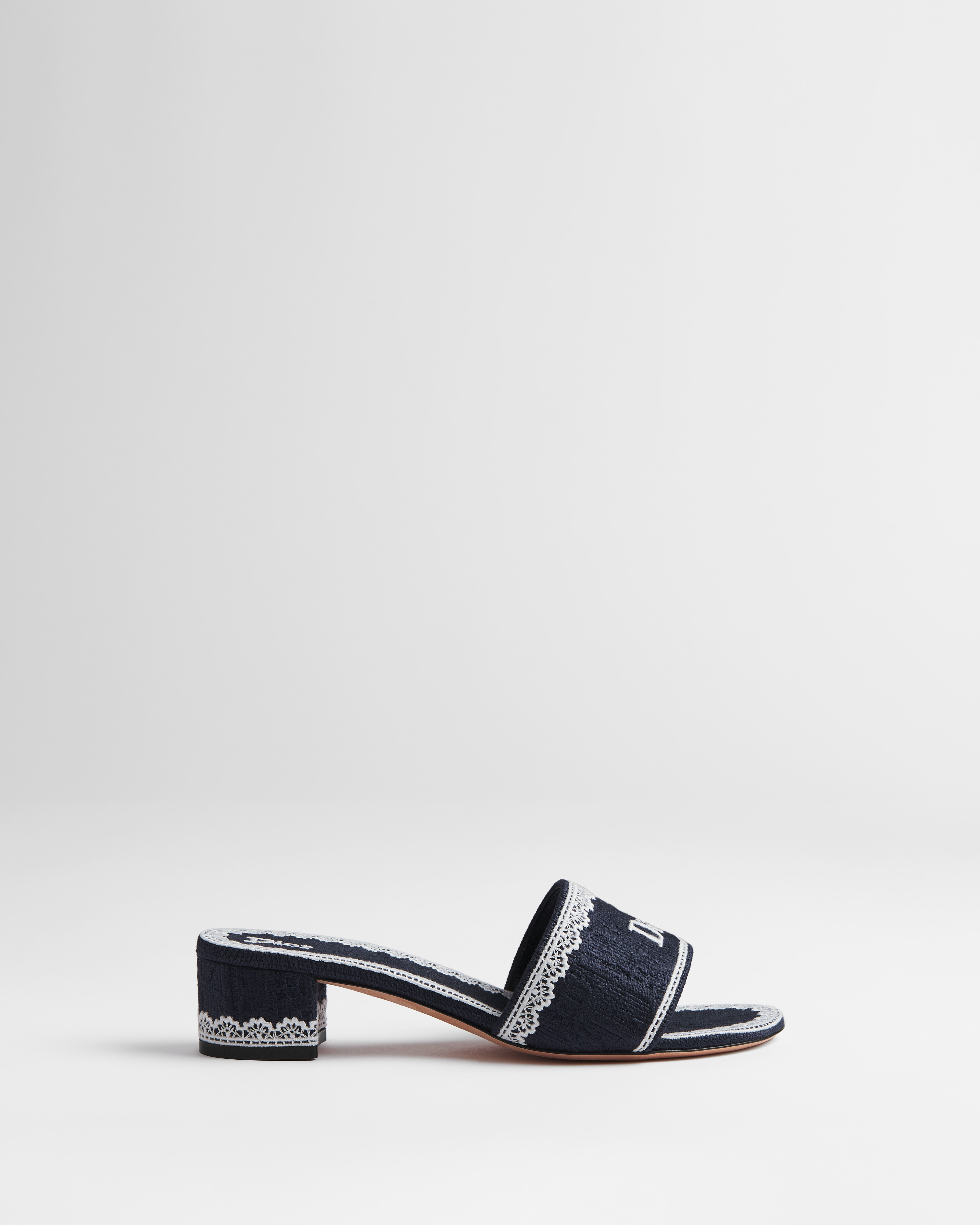 Dior Dentelle Heeled Slide Navy Blue Dior Oblique Embroidered Cotton and White Lace E02