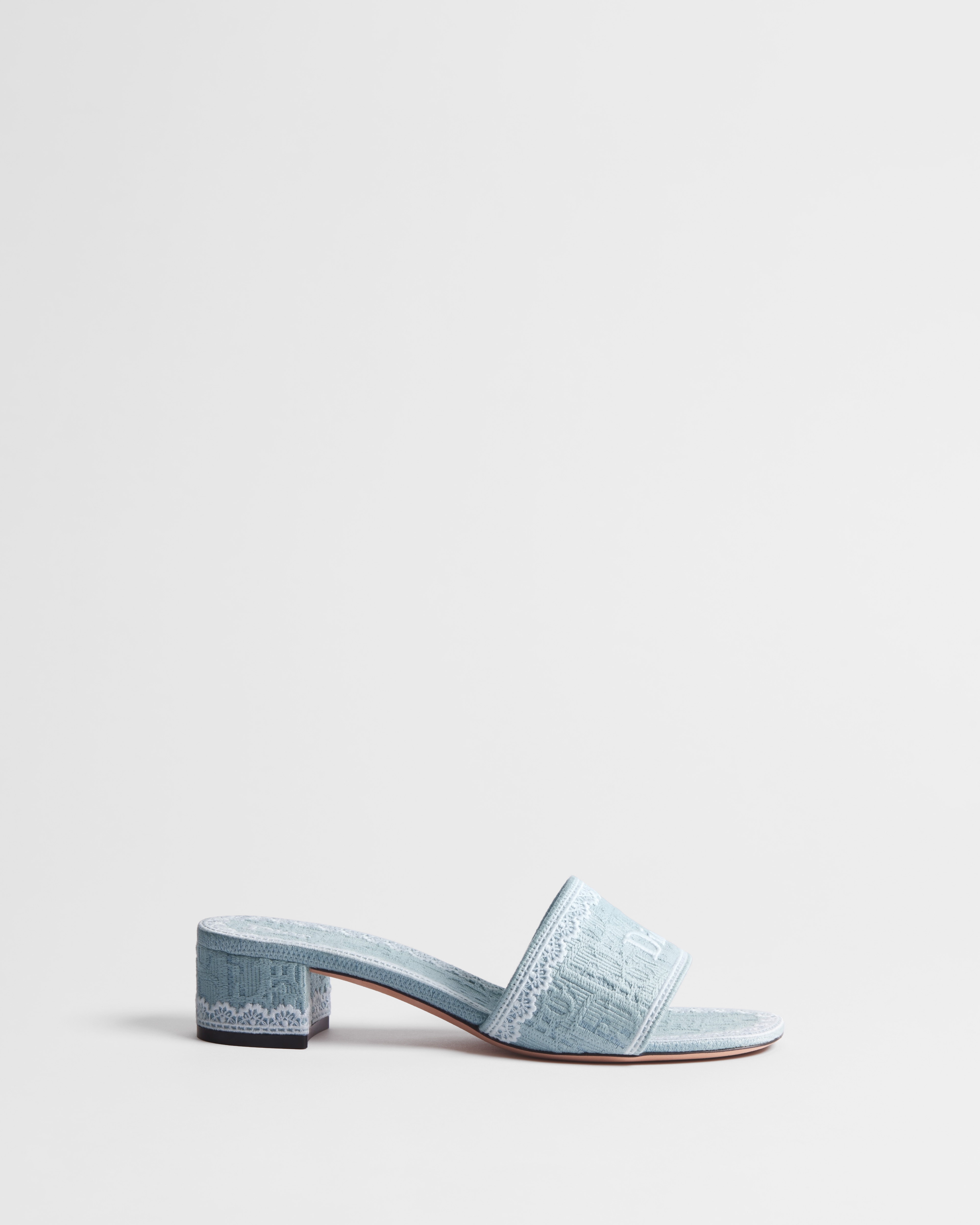 Dior Dentelle Heeled Slide Sky Blue Dior Oblique Embroidered Cotton and White Lace E02