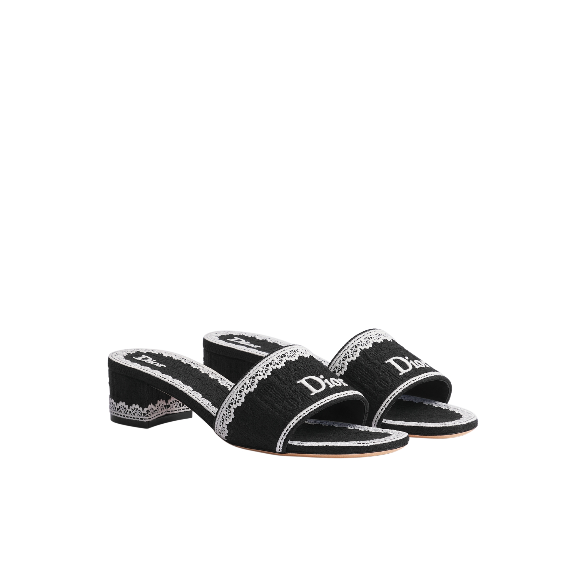 Dior Dentelle Heeled Slide Black Dior Oblique Embroidered Cotton and Beige Lace E03