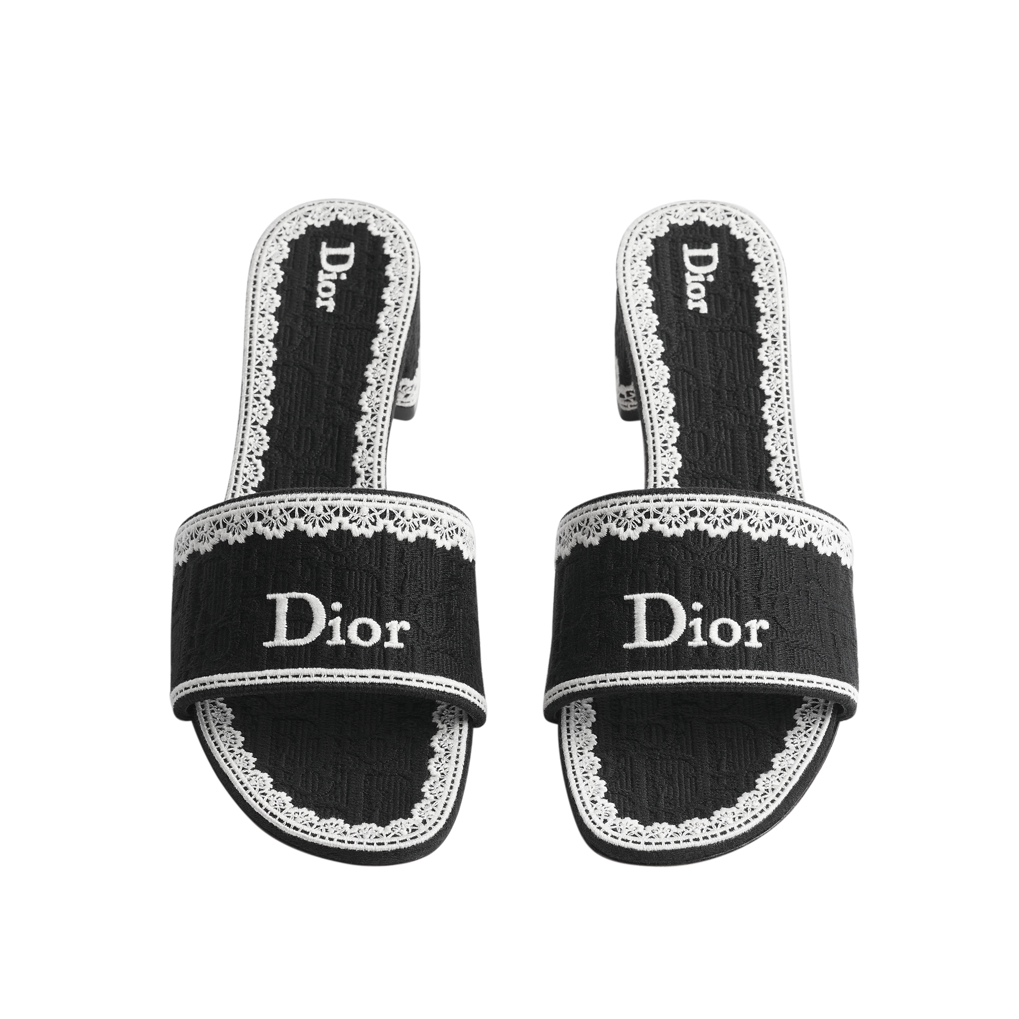 Dior Dentelle Heeled Slide Black Dior Oblique Embroidered Cotton and Beige Lace E06