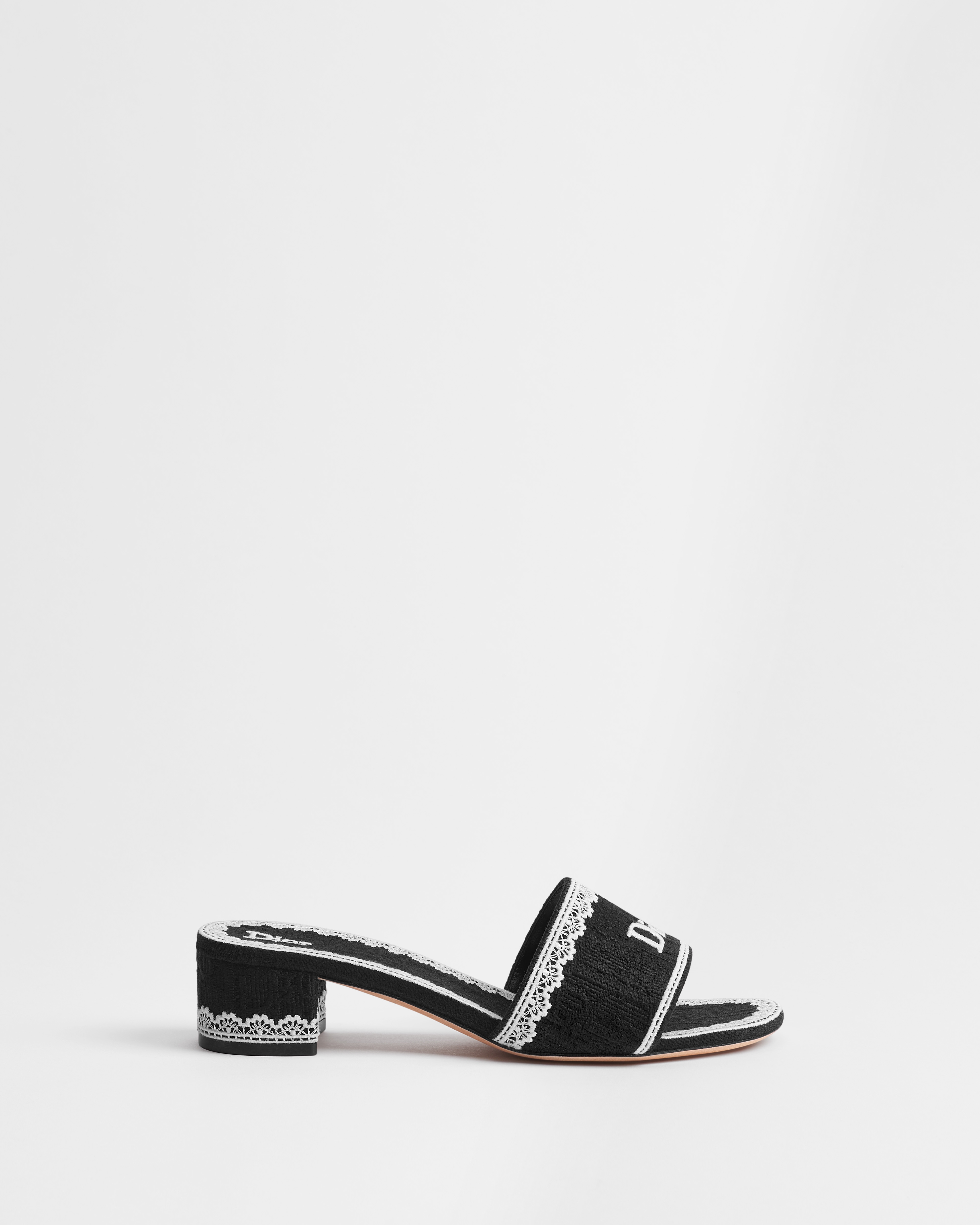 Dior Dentelle Heeled Slide Black Dior Oblique Embroidered Cotton and Beige Lace E02