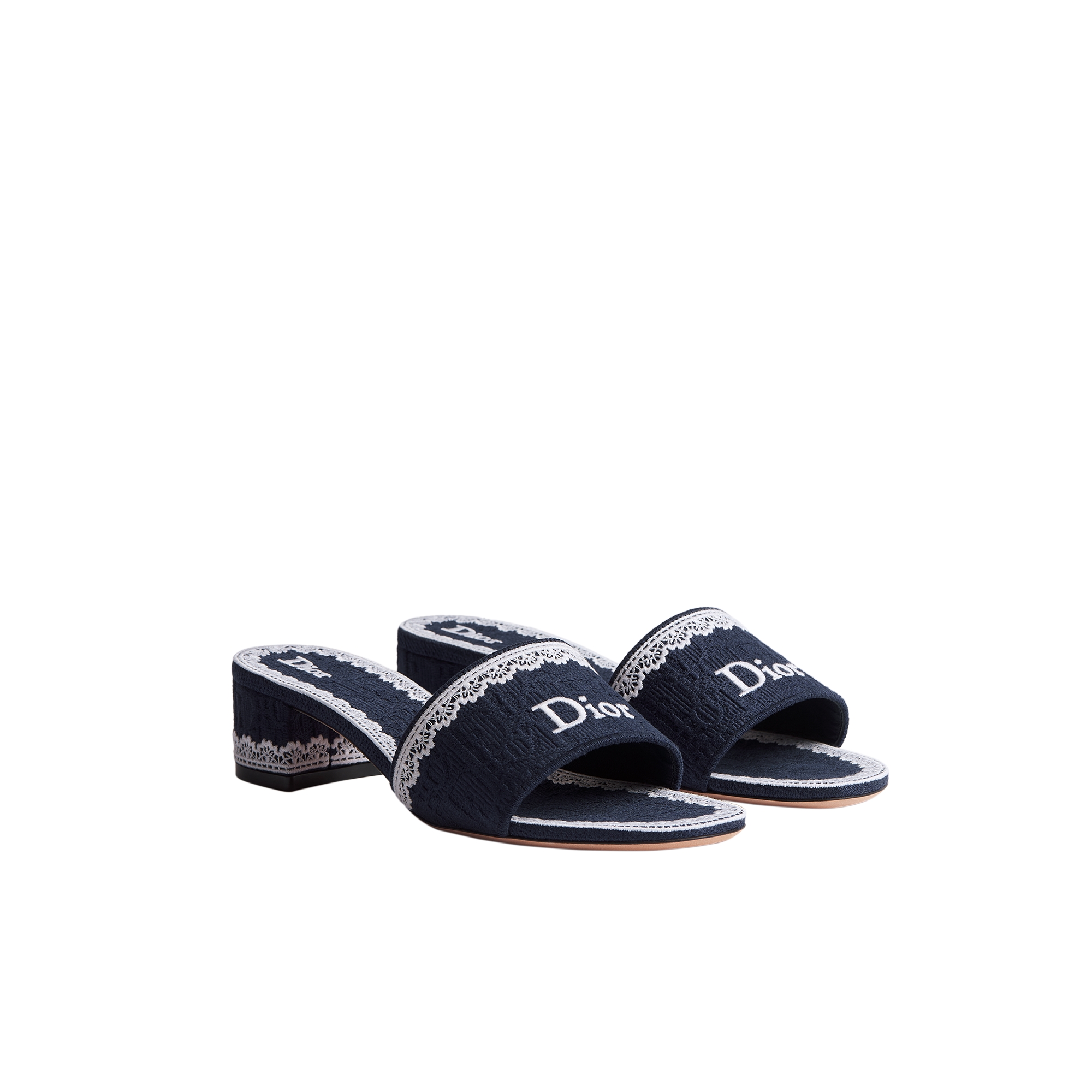 Dior Dentelle Heeled Slide Blue Dior Oblique Embroidered Cotton and White Lace E03