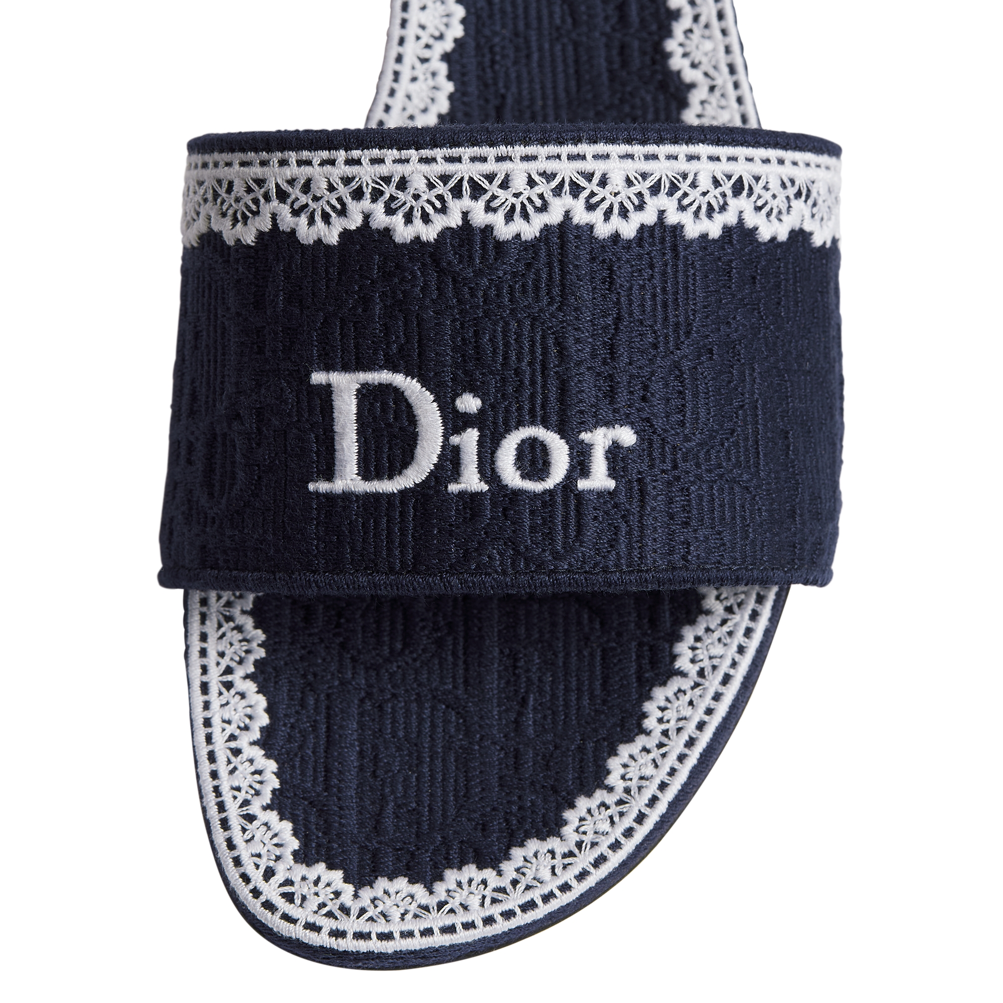 Dior Dentelle Heeled Slide Blue Dior Oblique Embroidered Cotton and White Lace E10