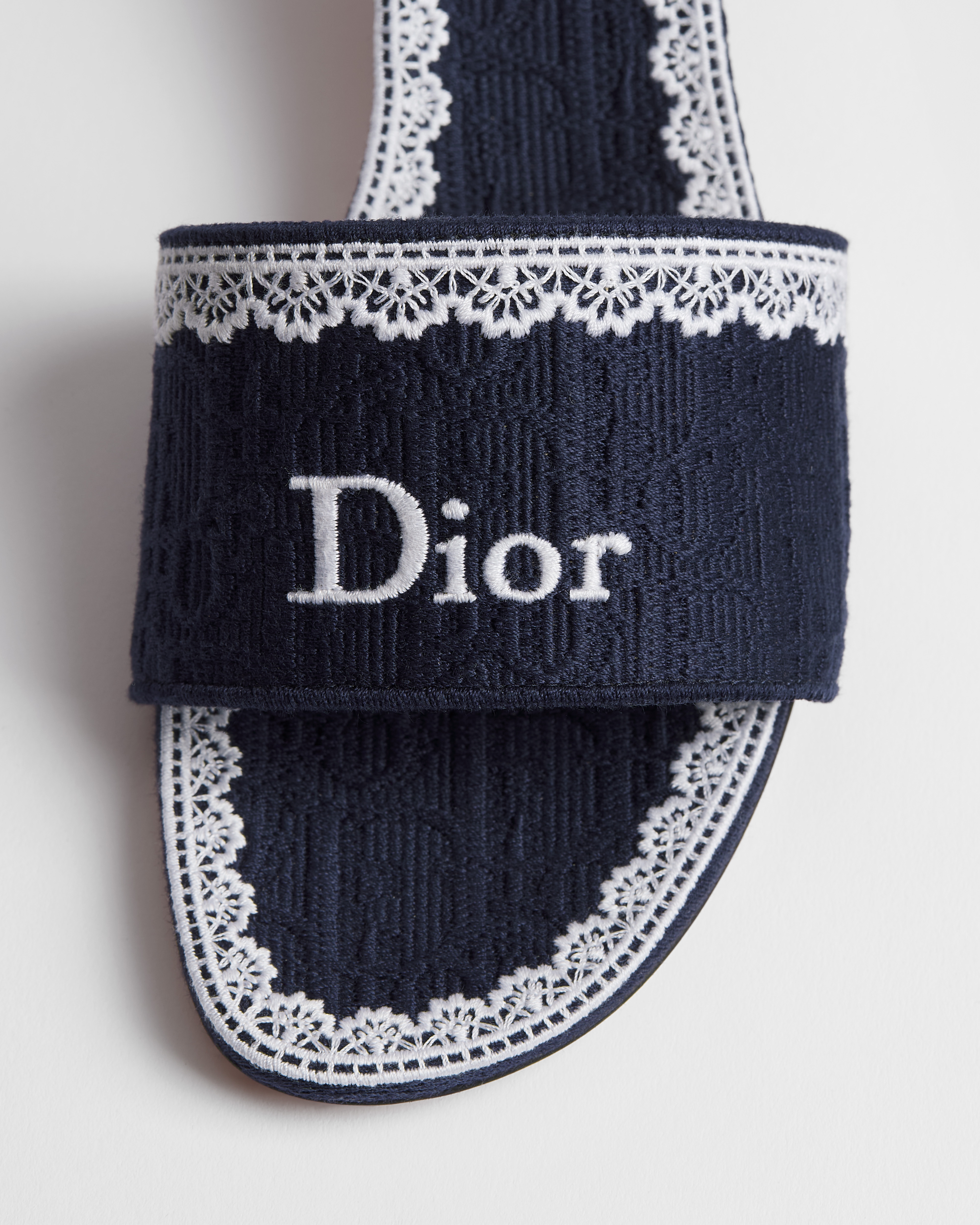 Dior Dentelle Heeled Slide Blue Dior Oblique Embroidered Cotton and White Lace E10