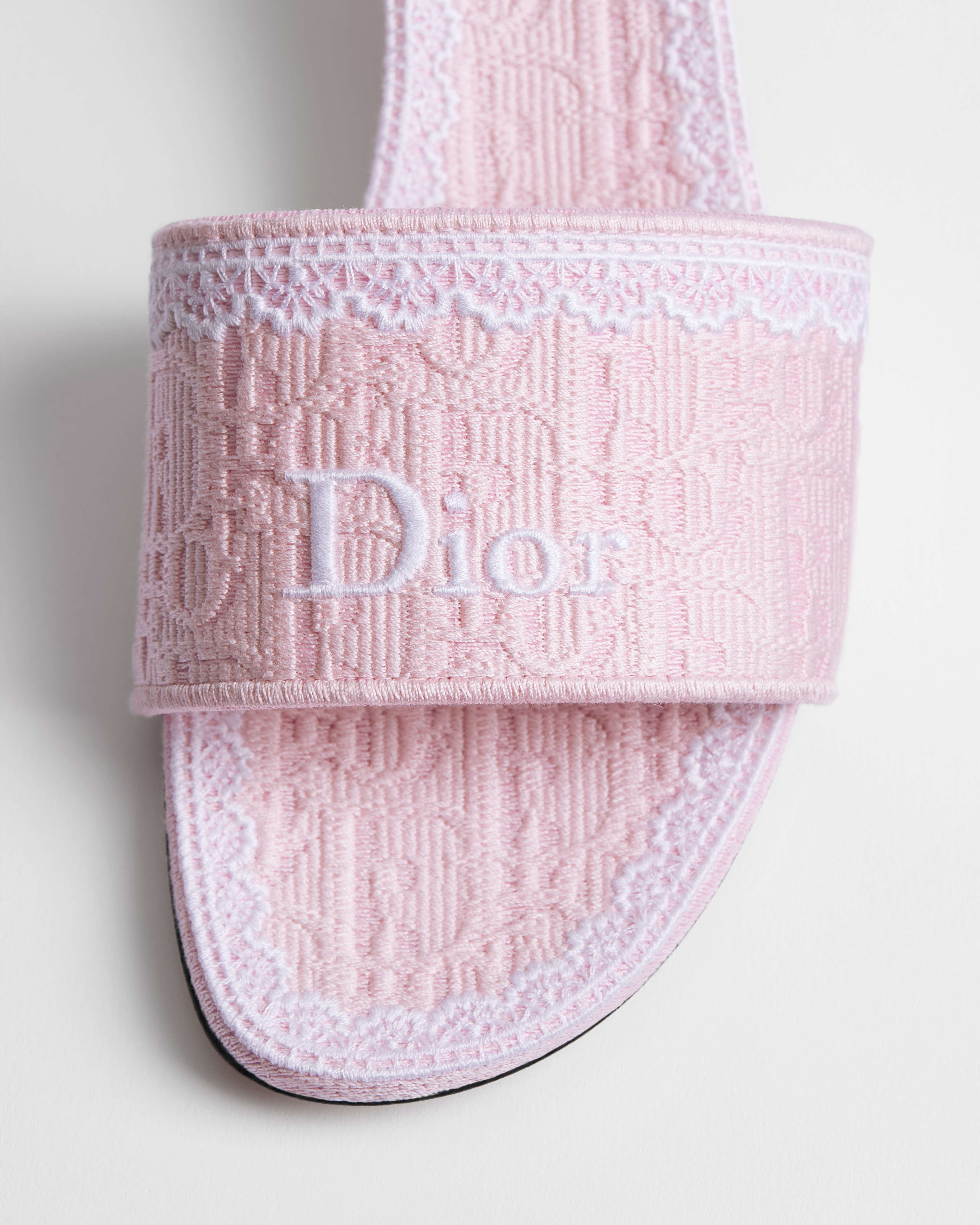 Slide Dioramour Dior Dentelle com salto Algodão bordado Dior Oblique Rose Soupir e renda branca E10