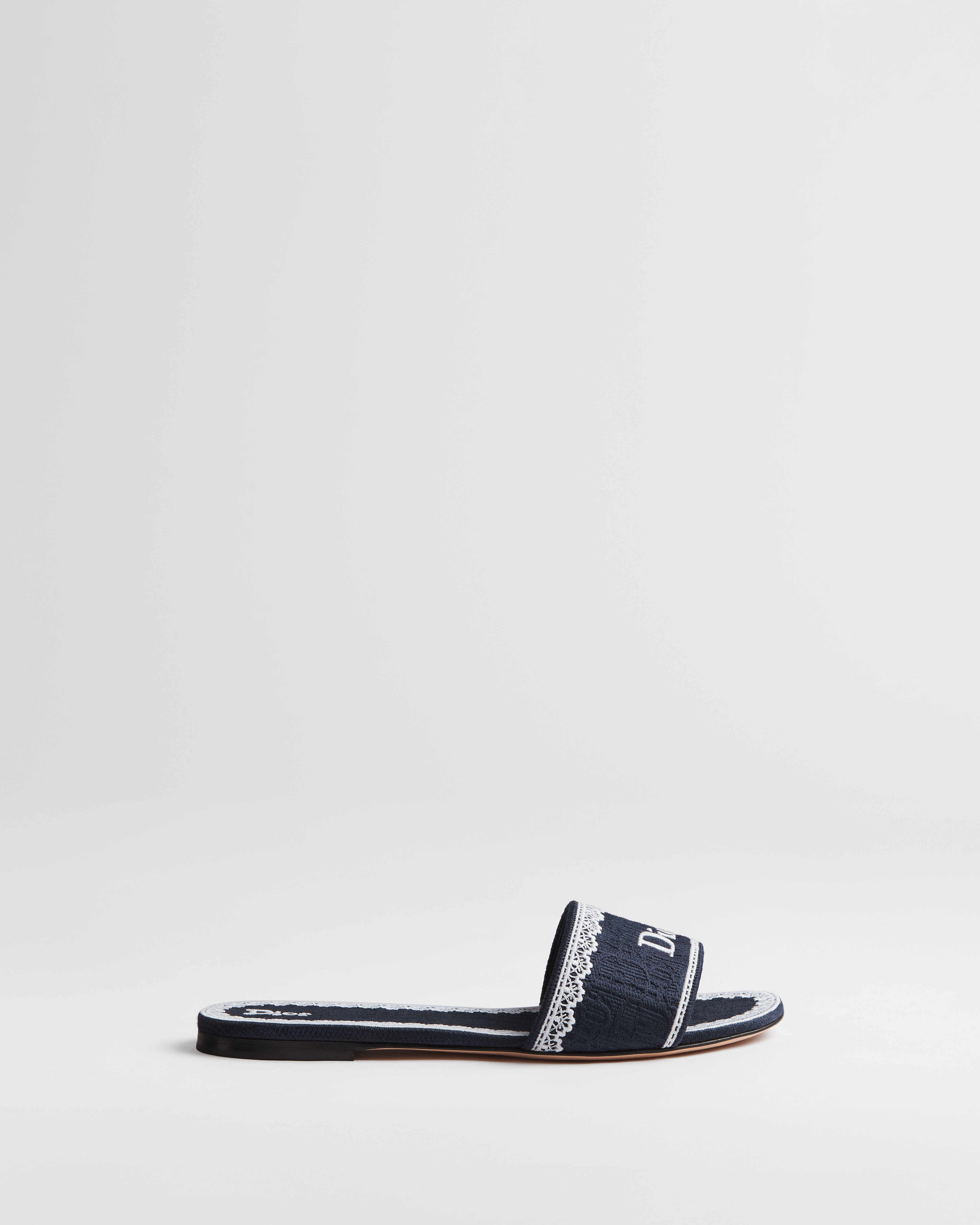 Dior Dentelle Slide Navy Blue Dior Oblique Embroidered Cotton and White Lace E02
