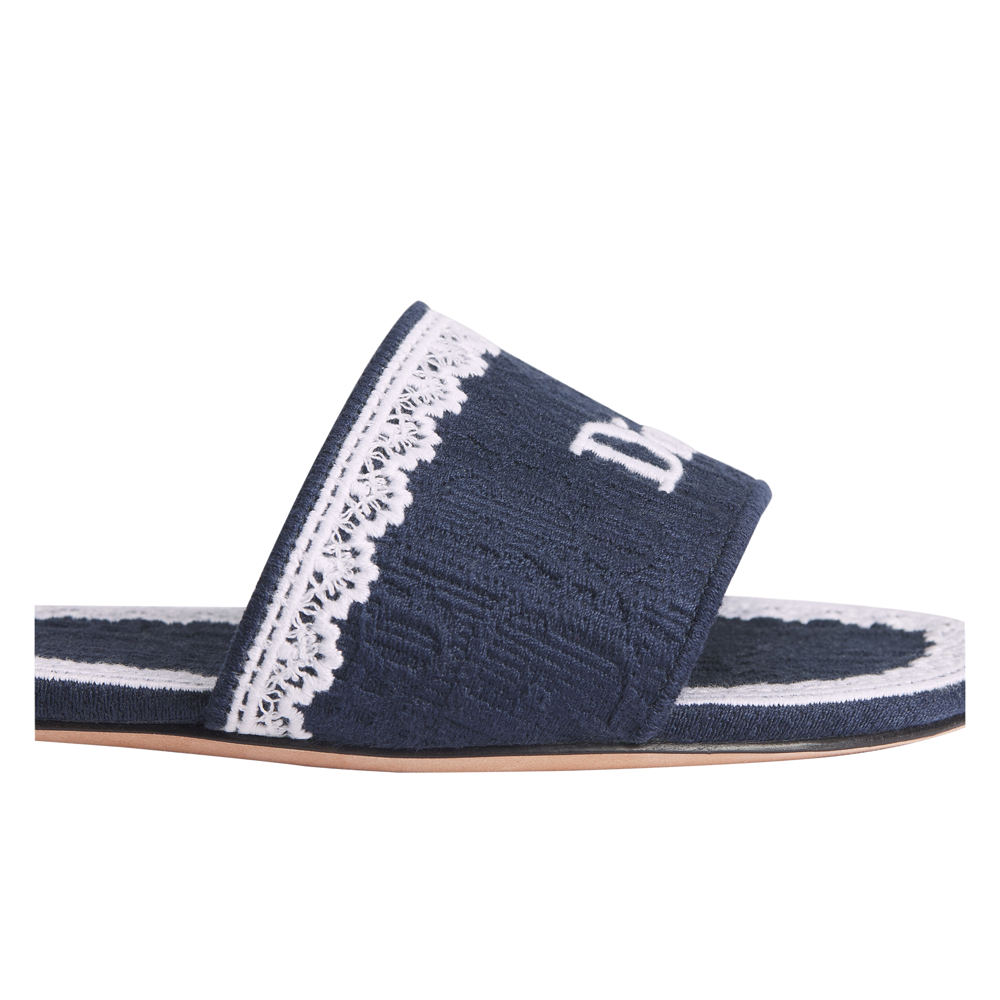 Dior Dentelle Slide Blue Dior Oblique Embroidered Cotton and White Lace E10