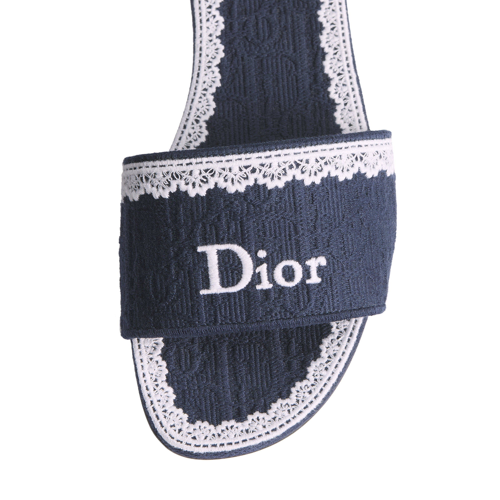 Dior Dentelle Slide Blue Dior Oblique Embroidered Cotton and White Lace E12