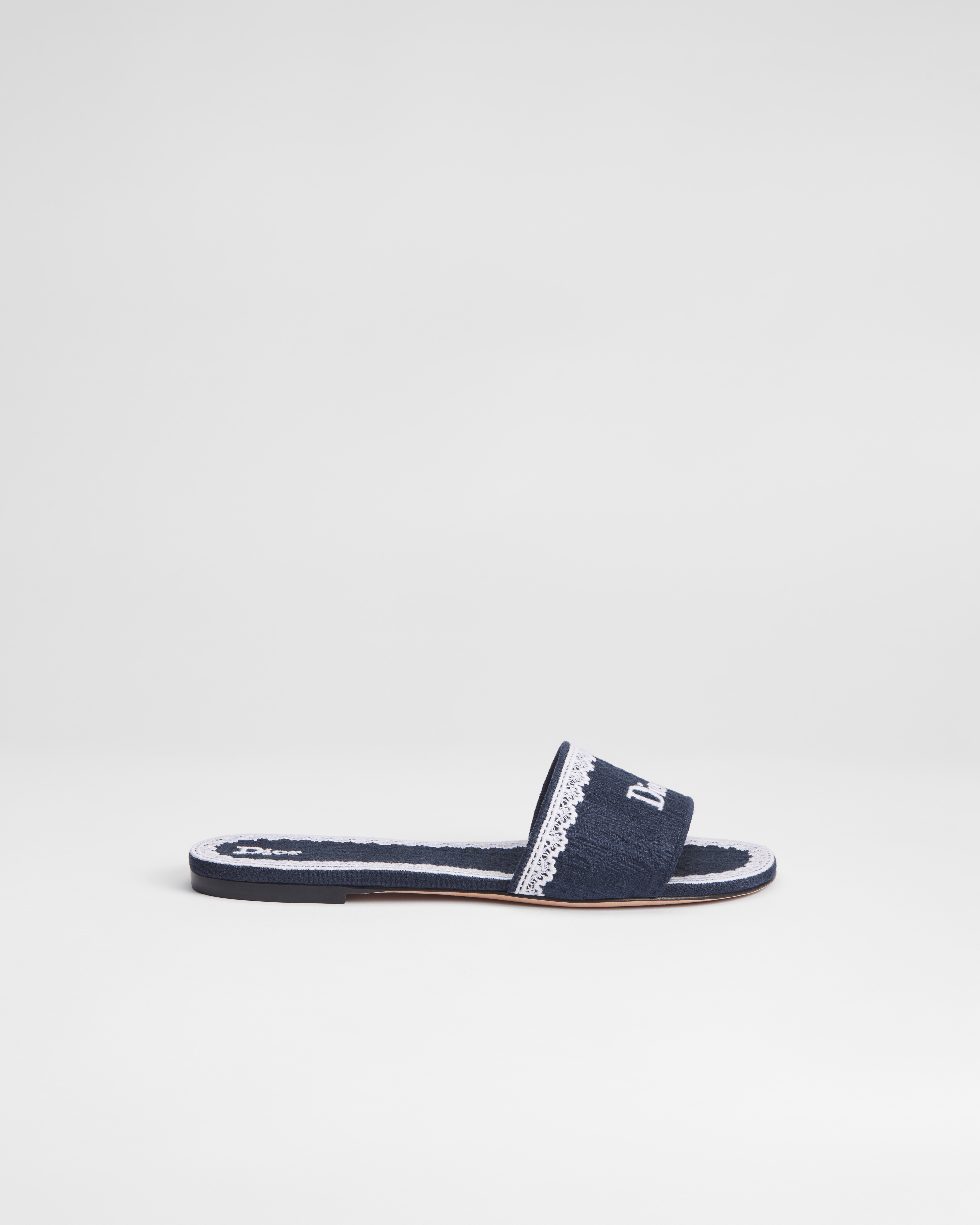 Mule Dior Dentelle Algodón bordado Dior Oblique azul y encaje color crudo E02