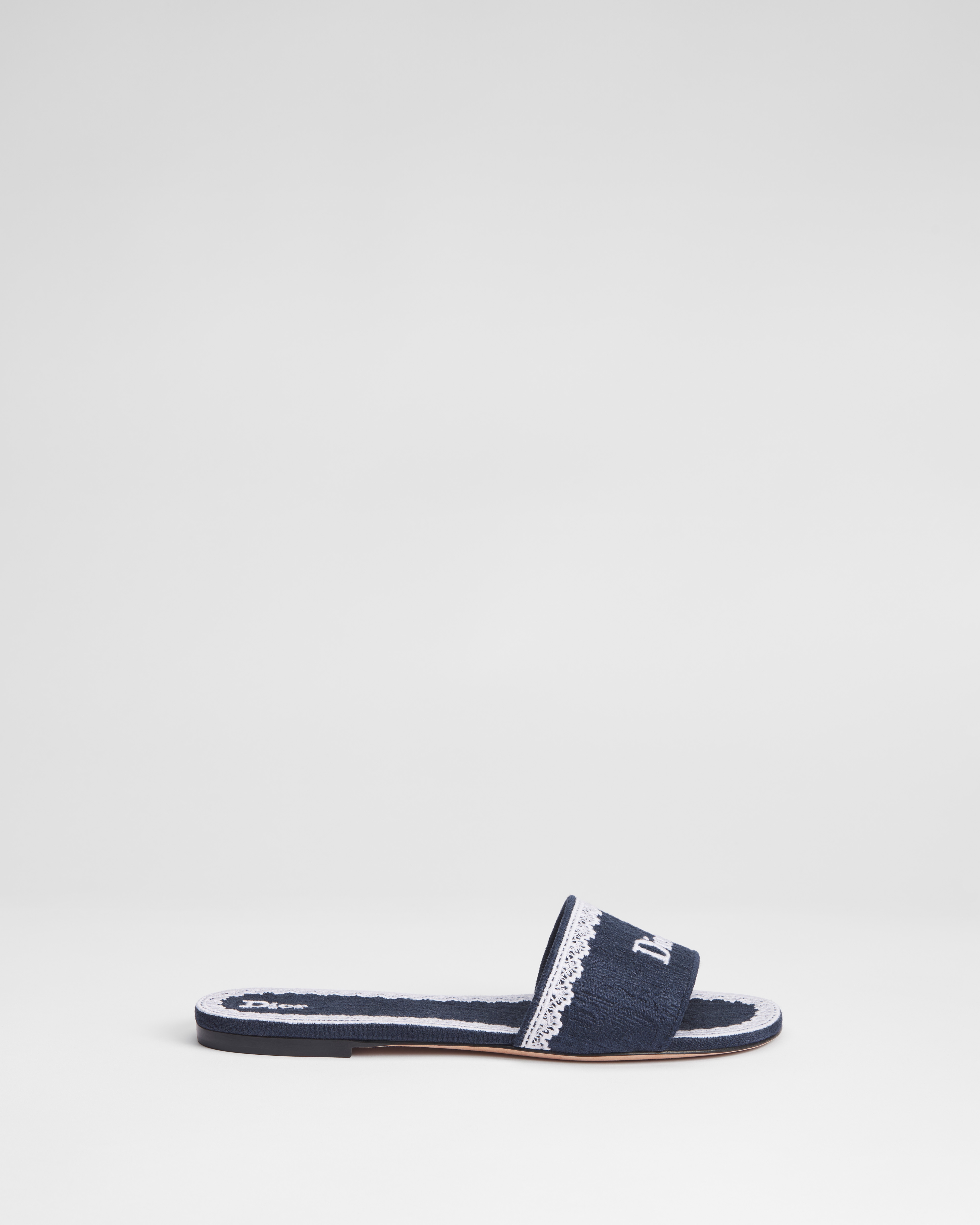 Dior Dentelle Slide Blue Dior Oblique Embroidered Cotton and White Lace E02