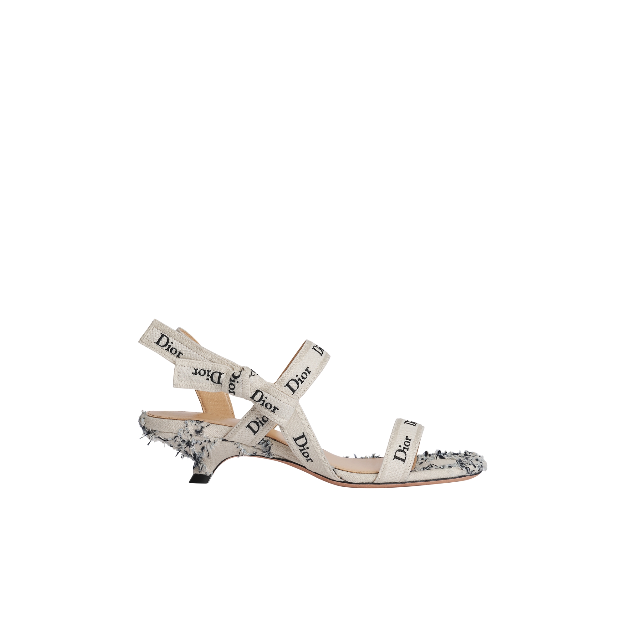 J'Adior Heeled Sandal with Straps White and Blue Cannage Cotton