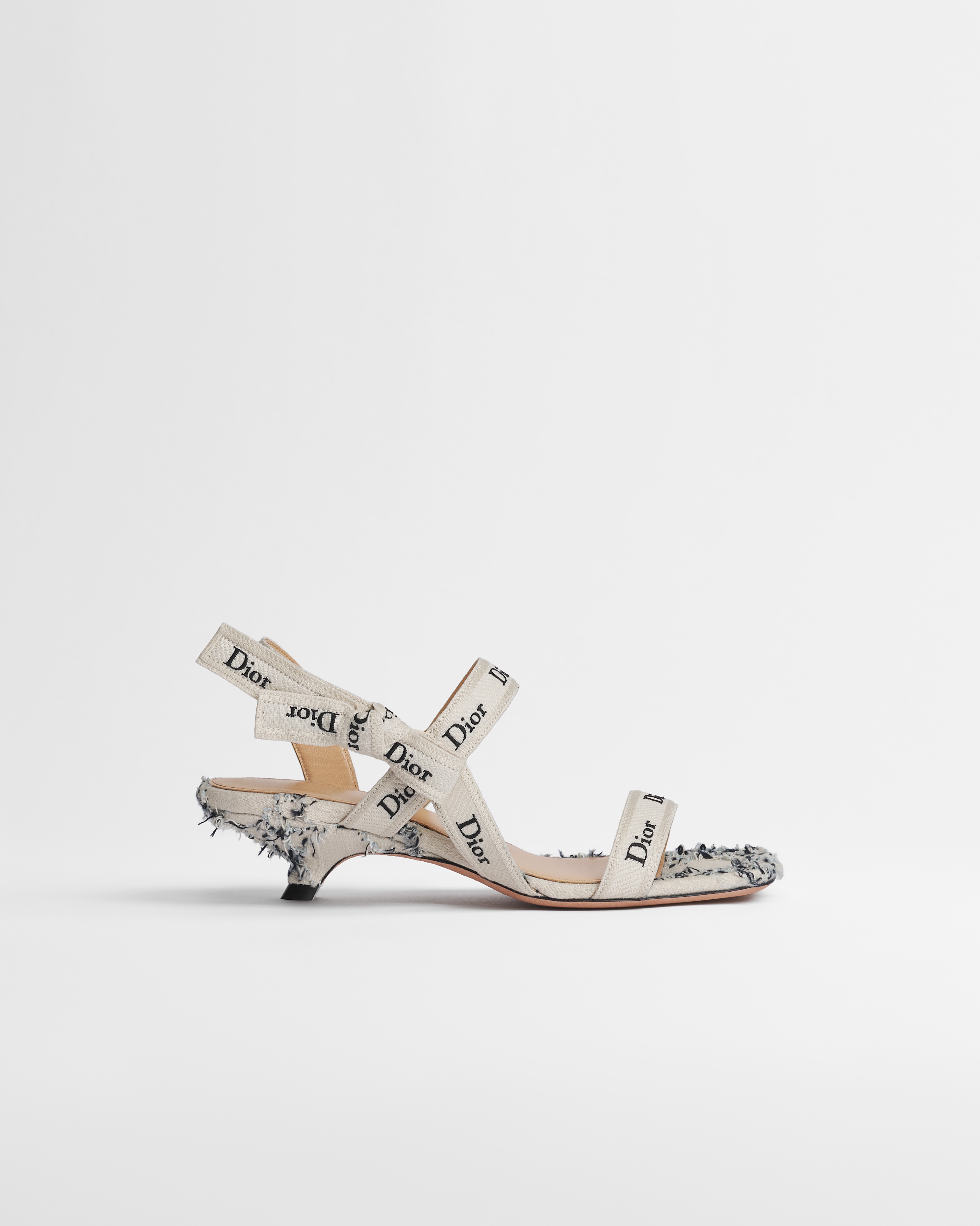J'Adior Heeled Sandal with Straps White and Blue Cannage Cotton Bouclé E02