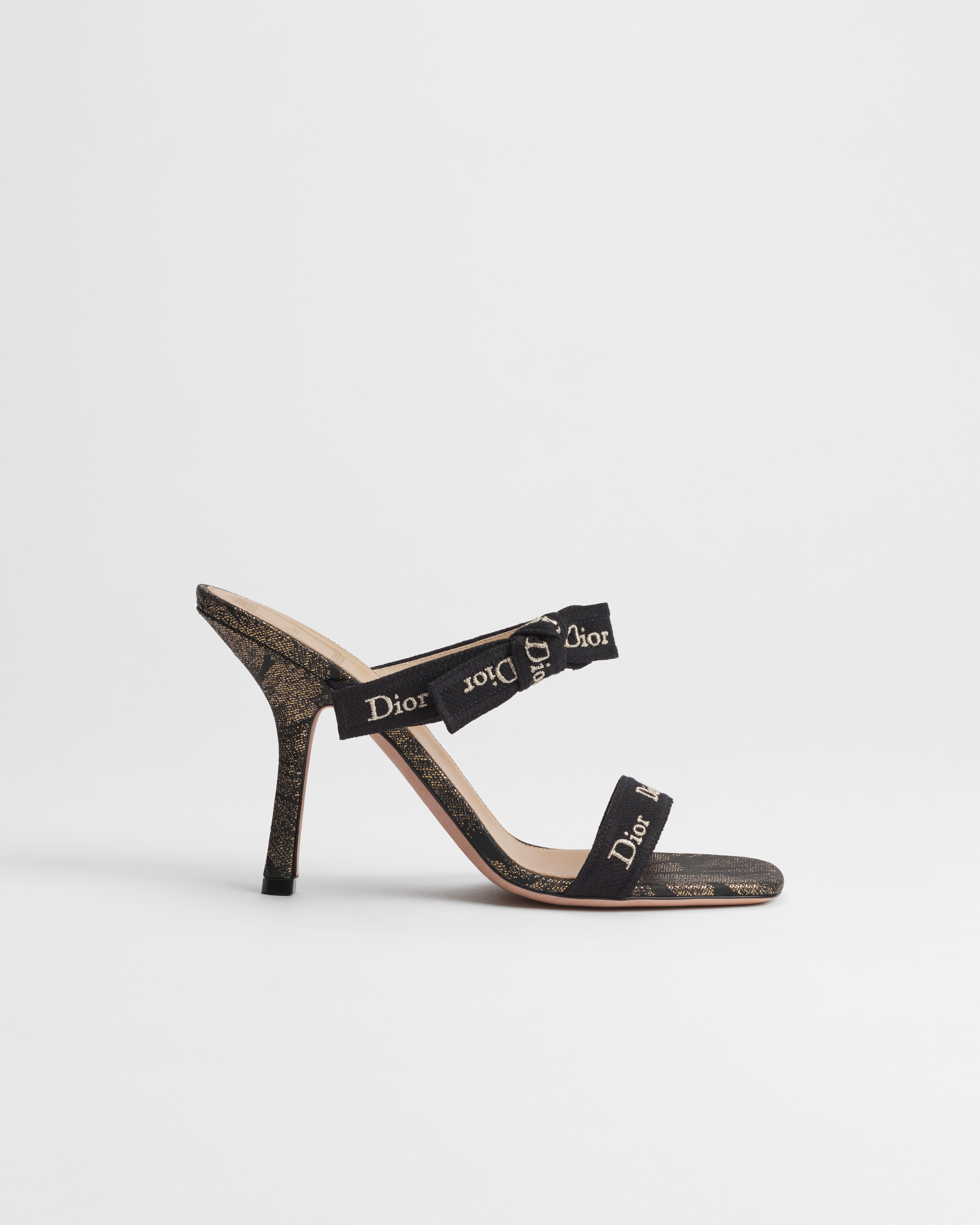 J'Adior Heeled Sandal with Straps Black and Gold-Tone Dior Byzance Feathers Jacquard E02