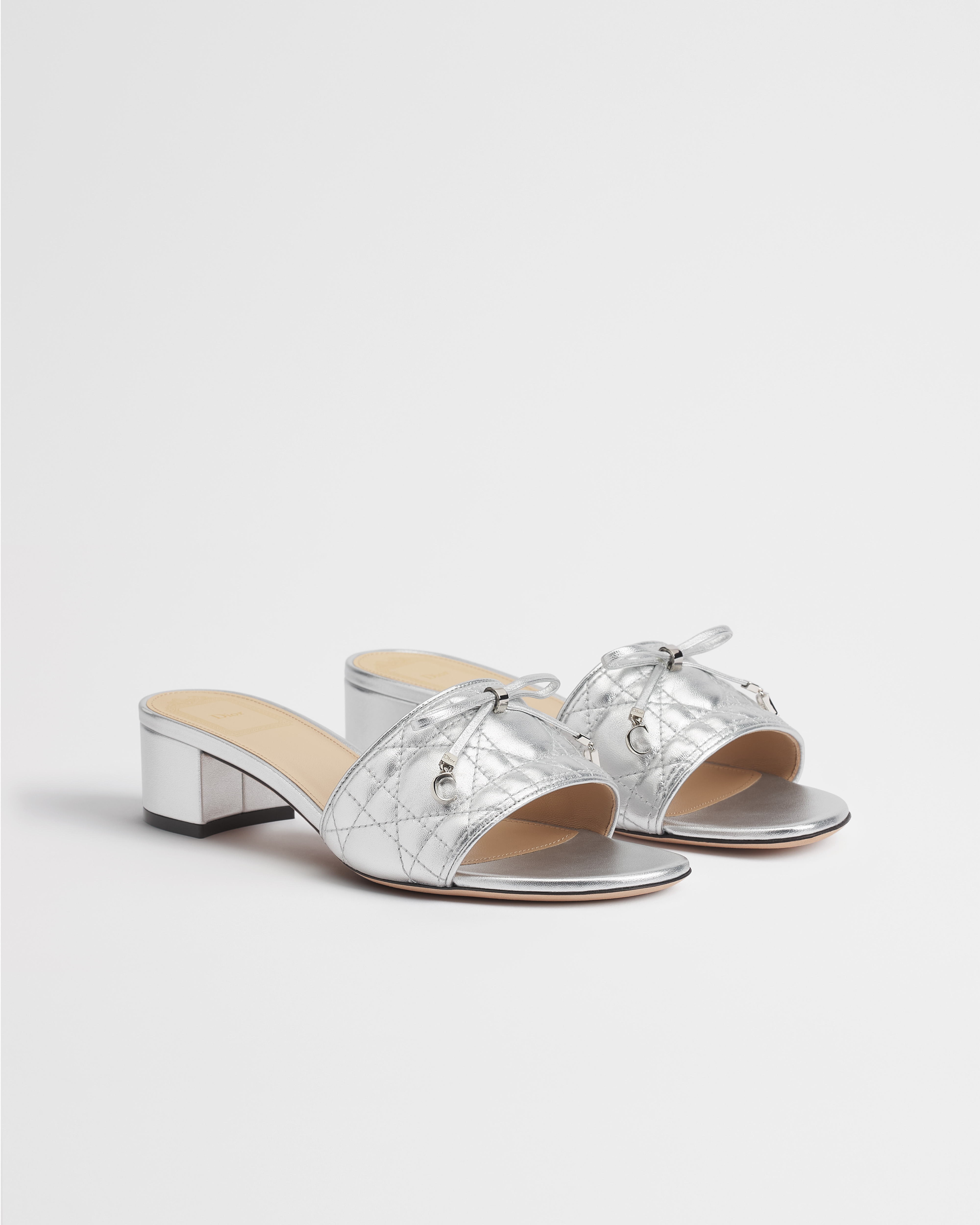 Dior Or Dior Cannage Heeled Slide Silver-Tone Laminated Lambskin with Quilted Cannage Motif E03