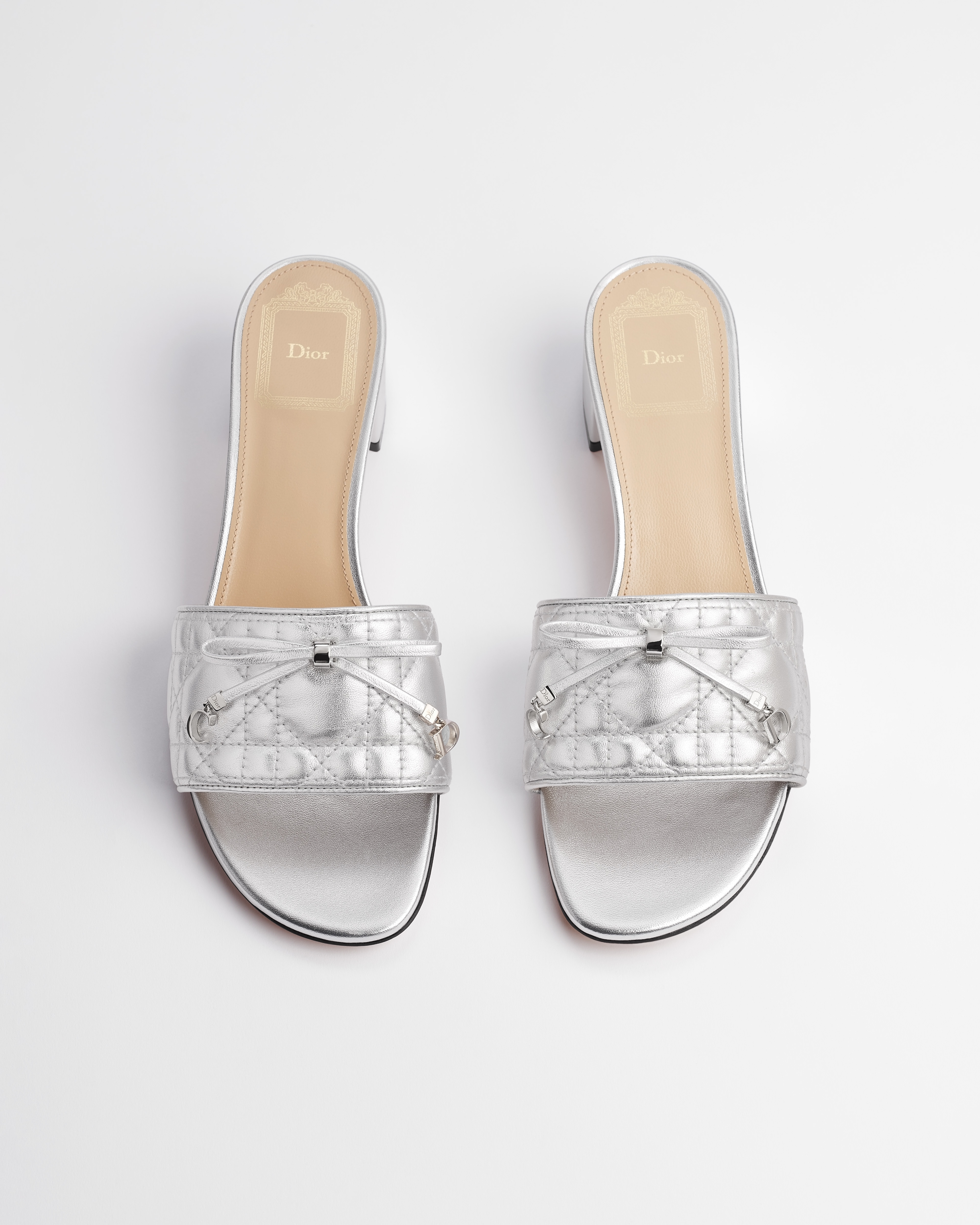 Dior Or Dior Cannage Heeled Slide Silver-Tone Laminated Lambskin with Quilted Cannage Motif E06