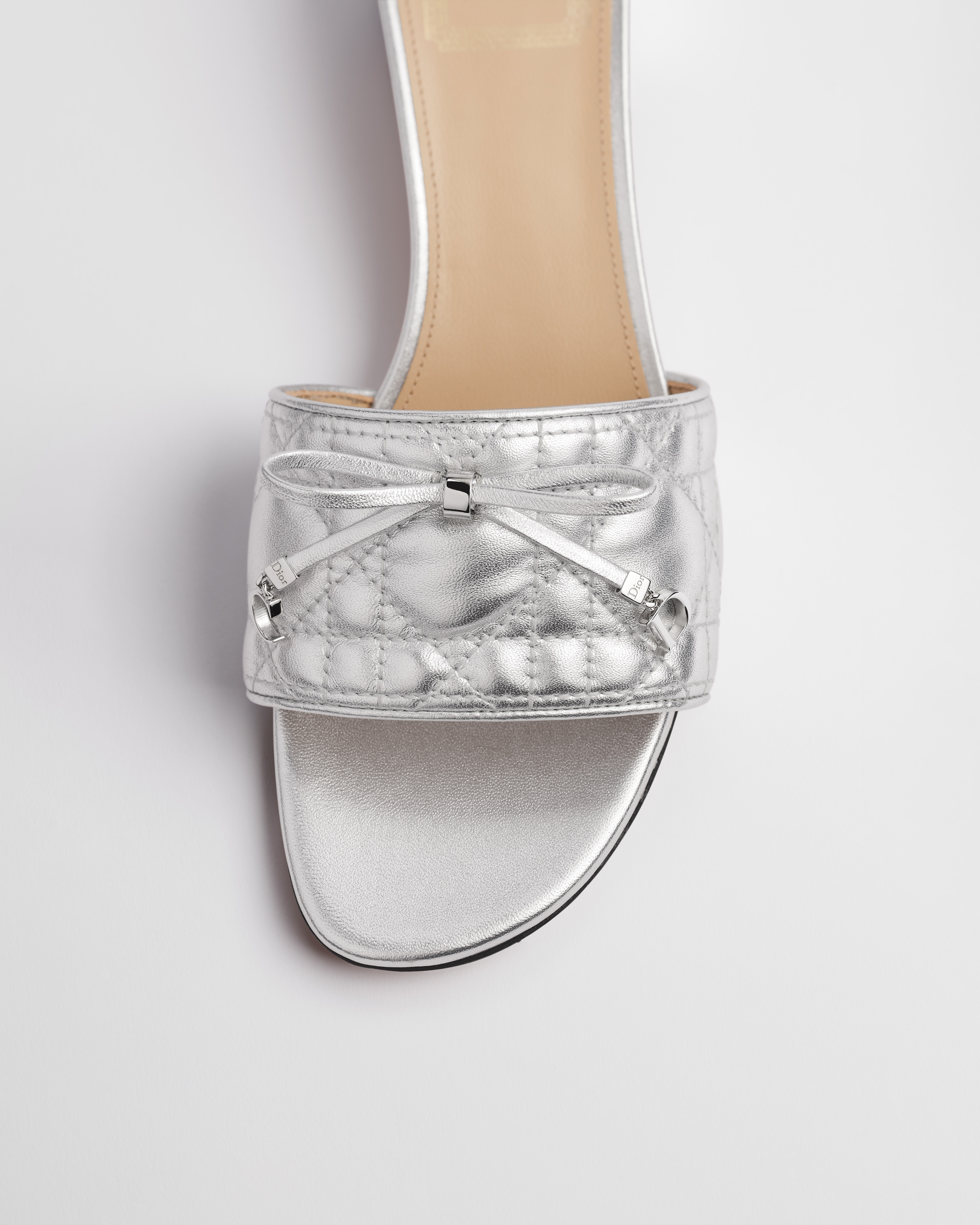 Dior Or Dior Cannage Heeled Slide Silver-Tone Laminated Lambskin with Quilted Cannage Motif E10