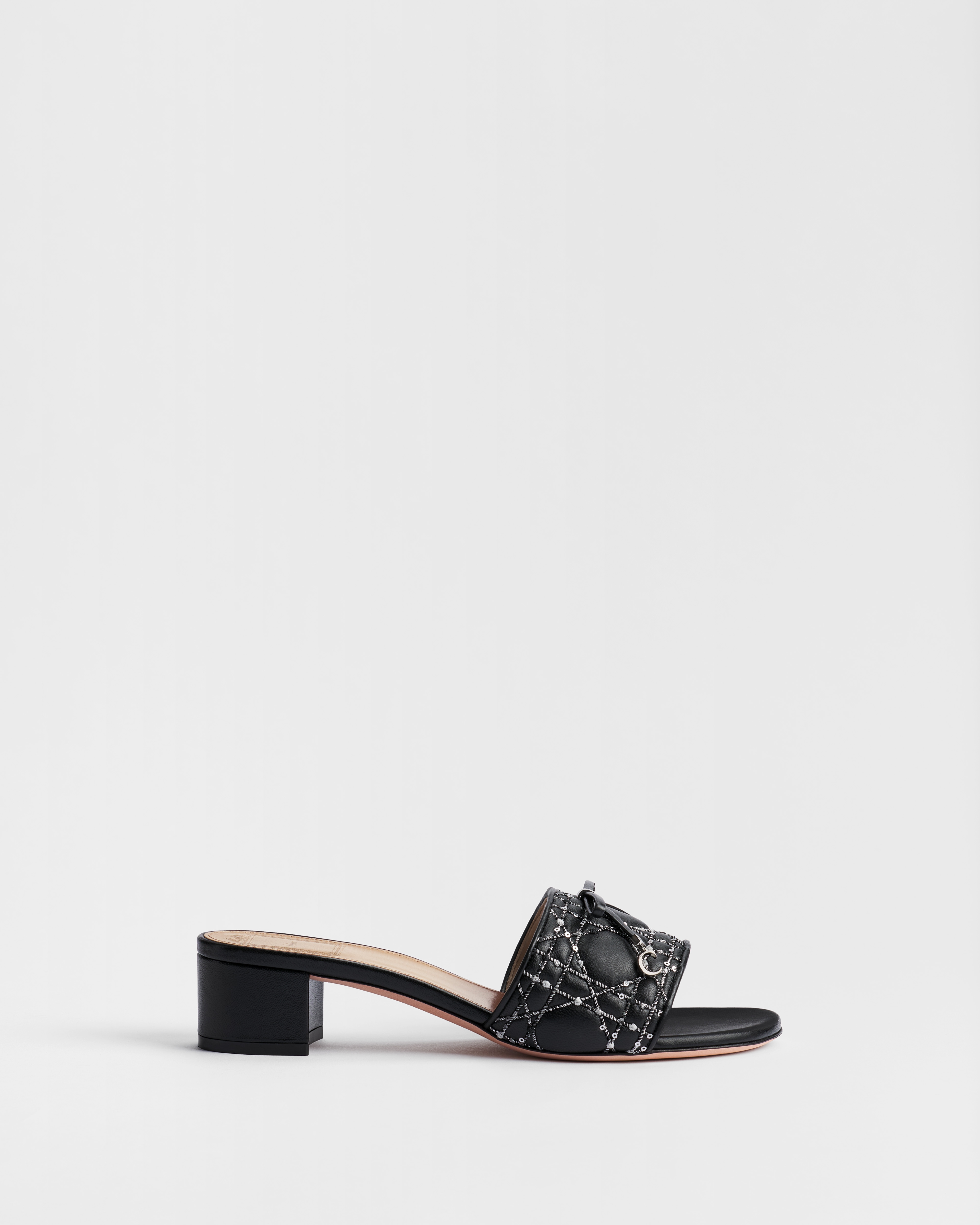 	 Dior Cannage Heeled Slide Black Cannage Quilted Lambskin Embroidered with Gold-Tone Sequins E02