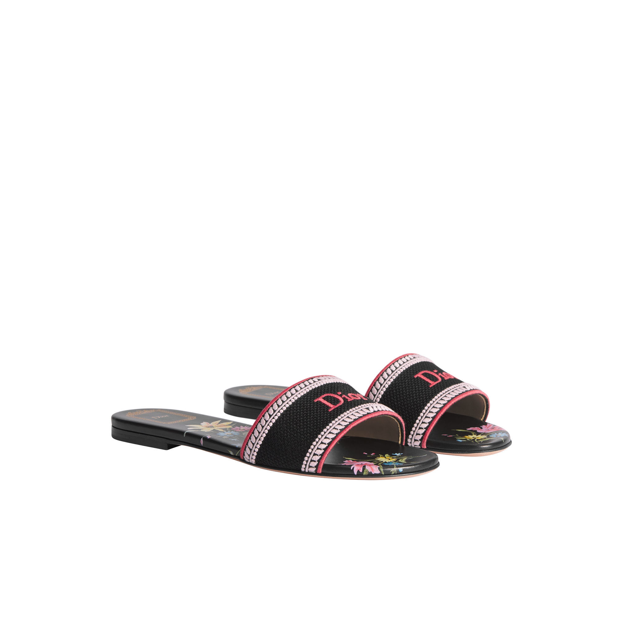 Dway Slide Black Embroidered Cotton and Multicolor Dior Secret Garden Motif E03