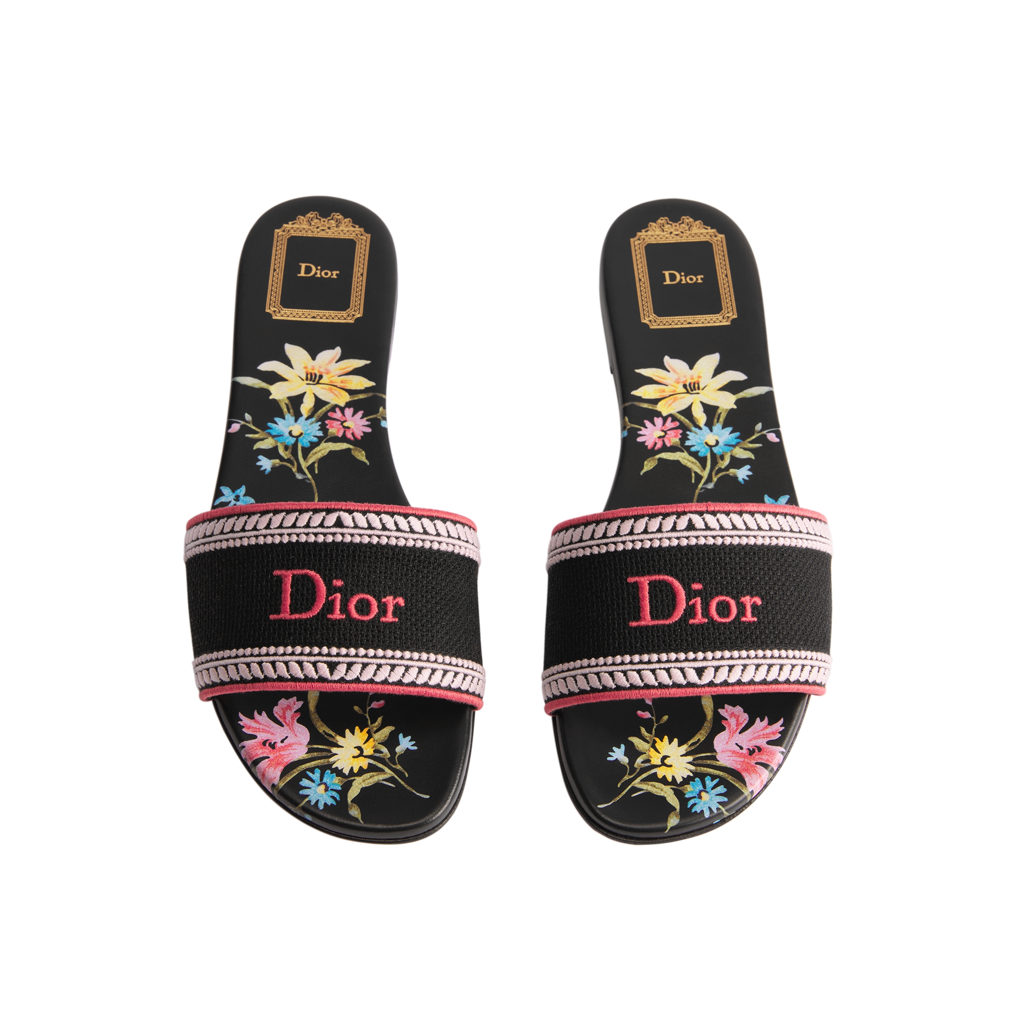Dway Slide Black Embroidered Cotton and Multicolor Dior Secret Garden Motif E06