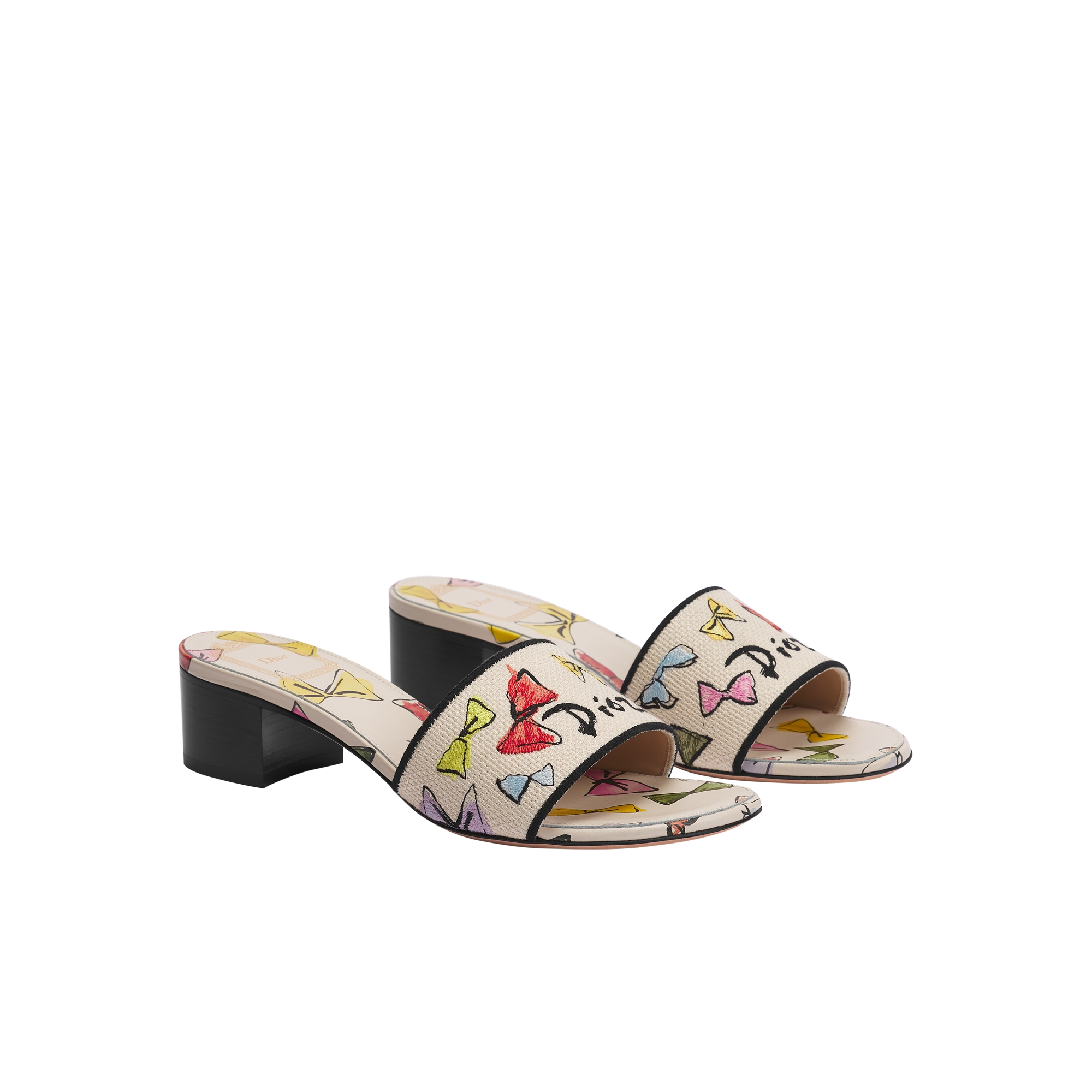 Dioriviera Dway Heeled Slide White Cotton Embroidered with Multicolor Dior Bows Motif E03