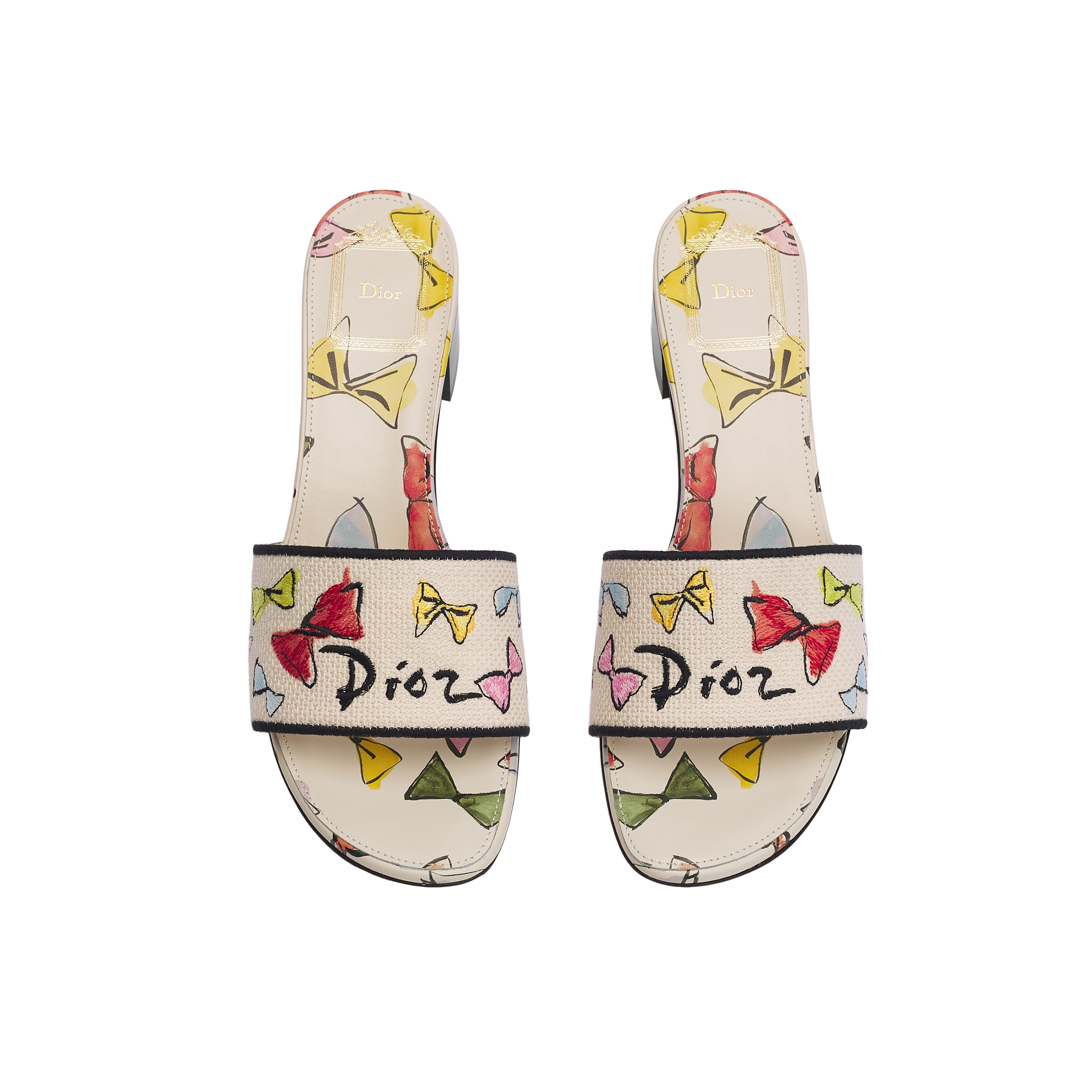 Dioriviera Dway Heeled Slide White Cotton Embroidered with Multicolor Dior Bows Motif E06