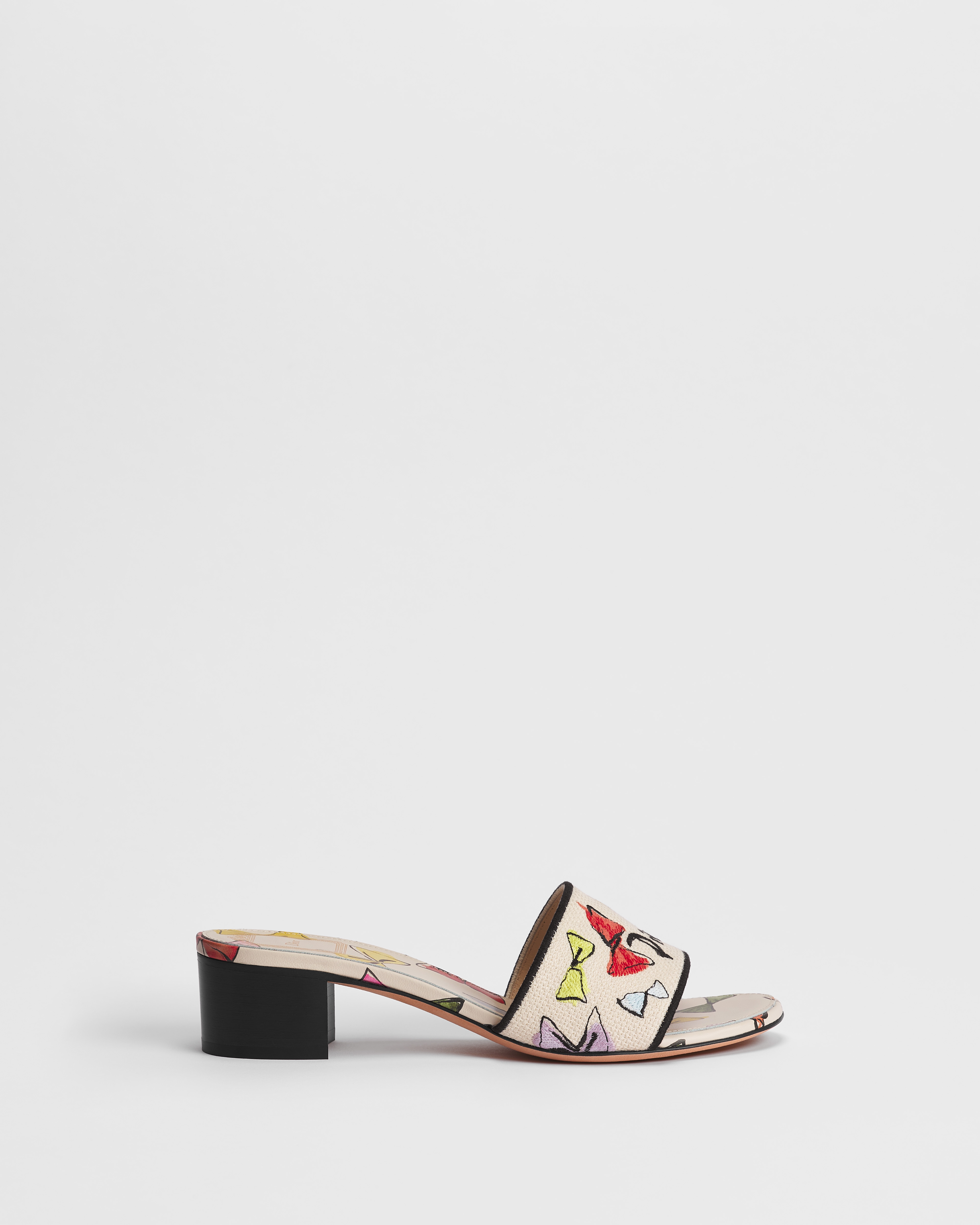 Dioriviera Dway Heeled Slide White Cotton Embroidered with Multicolor Dior Bows Motif E02