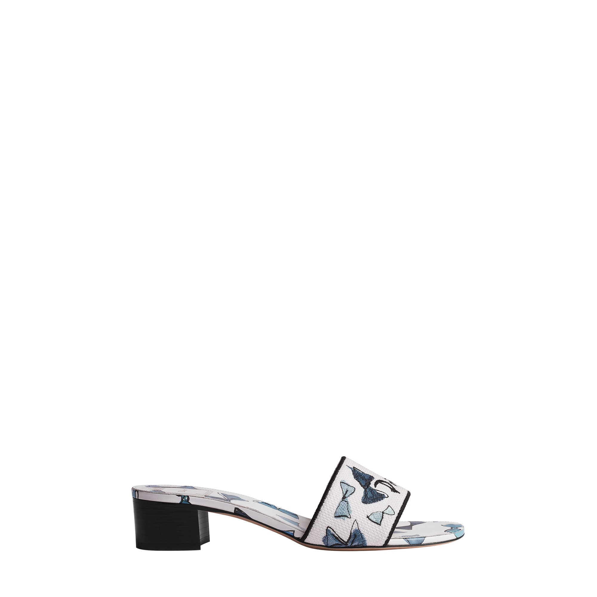 Dioriviera Dway Heeled Slide Blue and White Dior Bows Embroidered Cotton E02