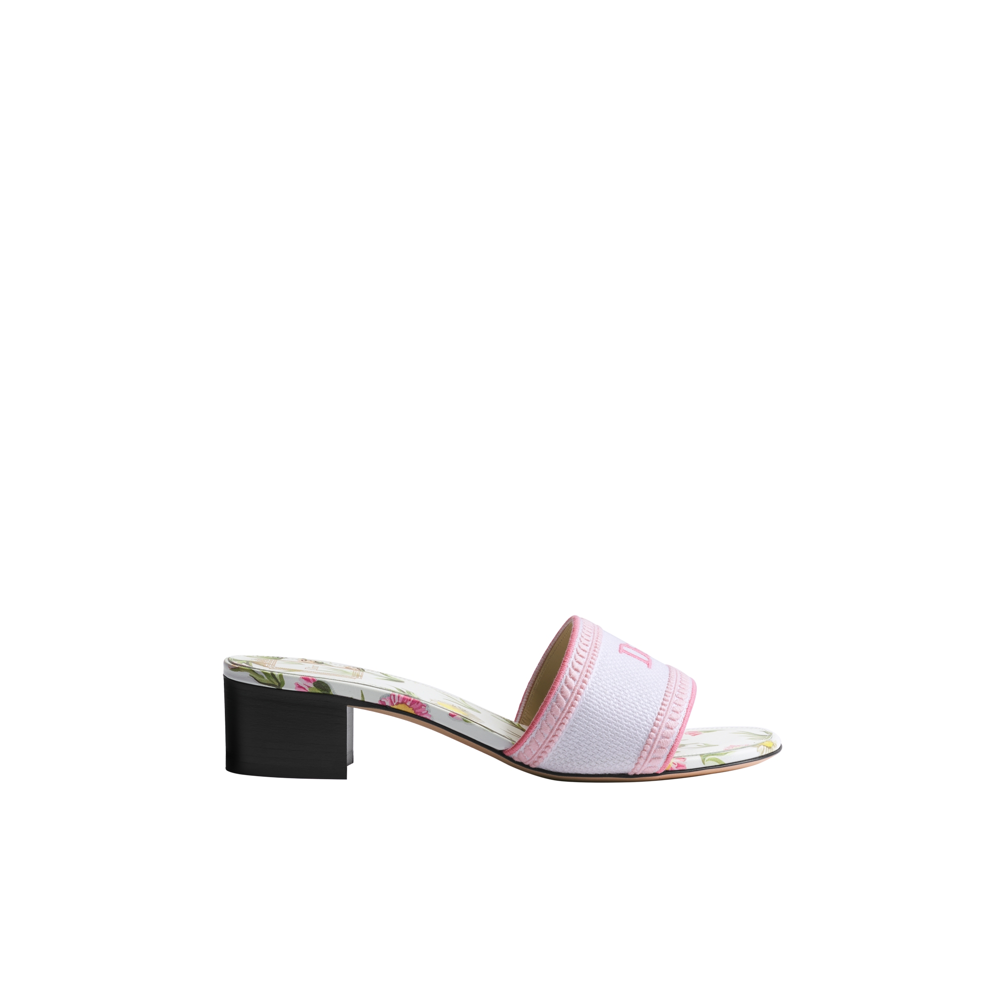 Dway Heeled Slide White and Songe Pink Embroidered Cotton and Multicolor Daisy Garden Motif E02