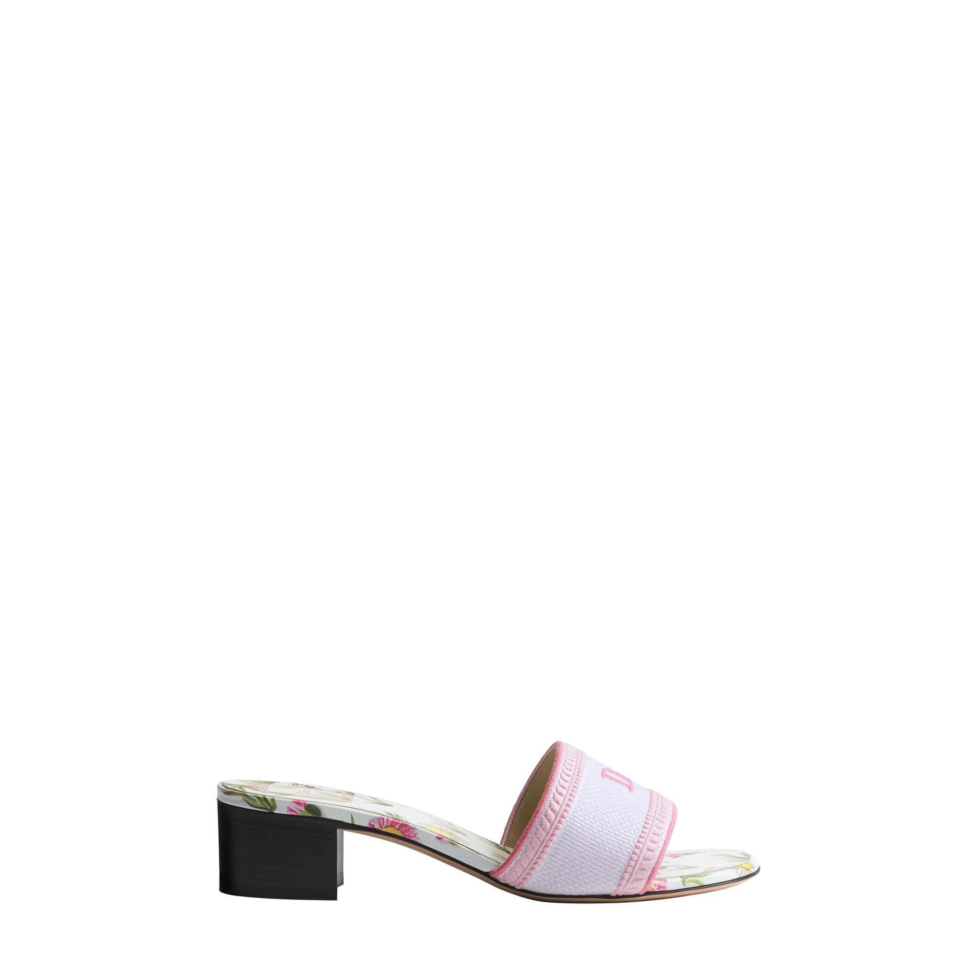 Dway Heeled Slide White and Songe Pink Embroidered Cotton and Multicolor Daisy Garden Motif E02