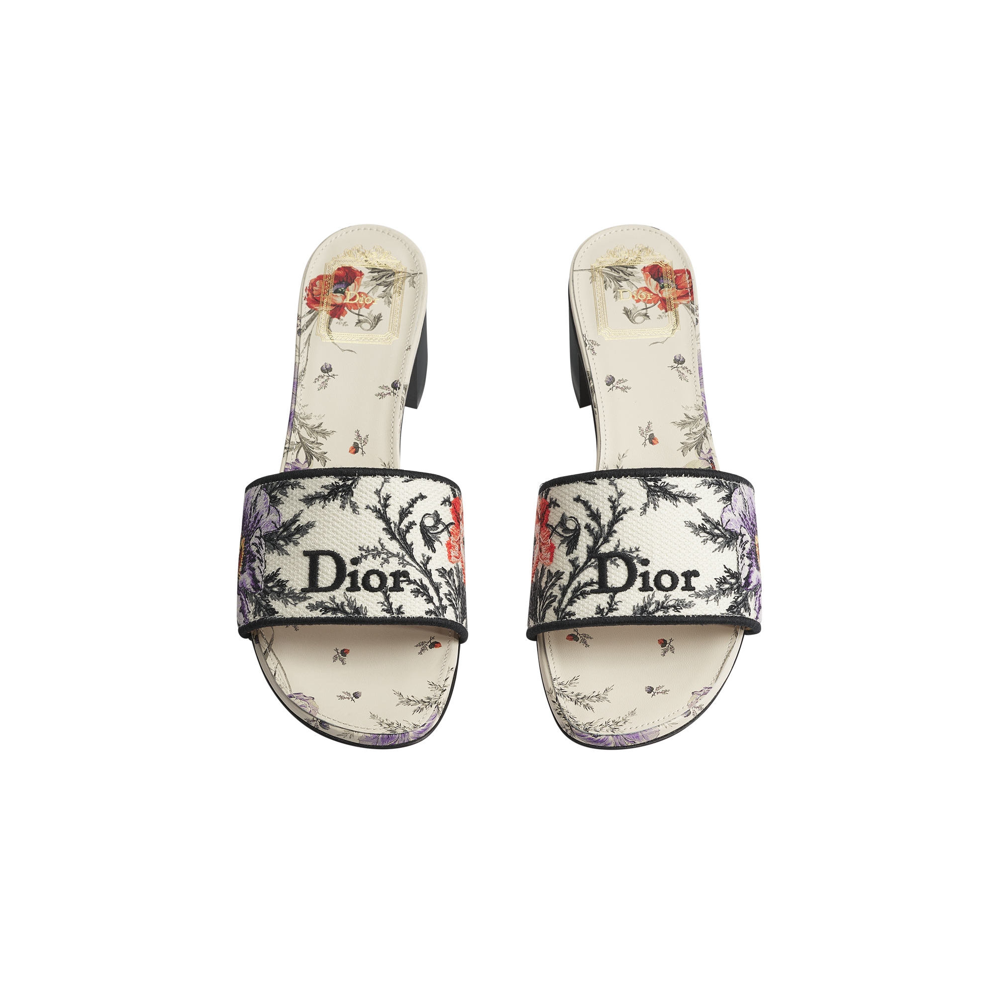 Dway Heeled Slide Beige Cotton Embroidered with Multicolor Dior Bloom Tapestry Motif E06